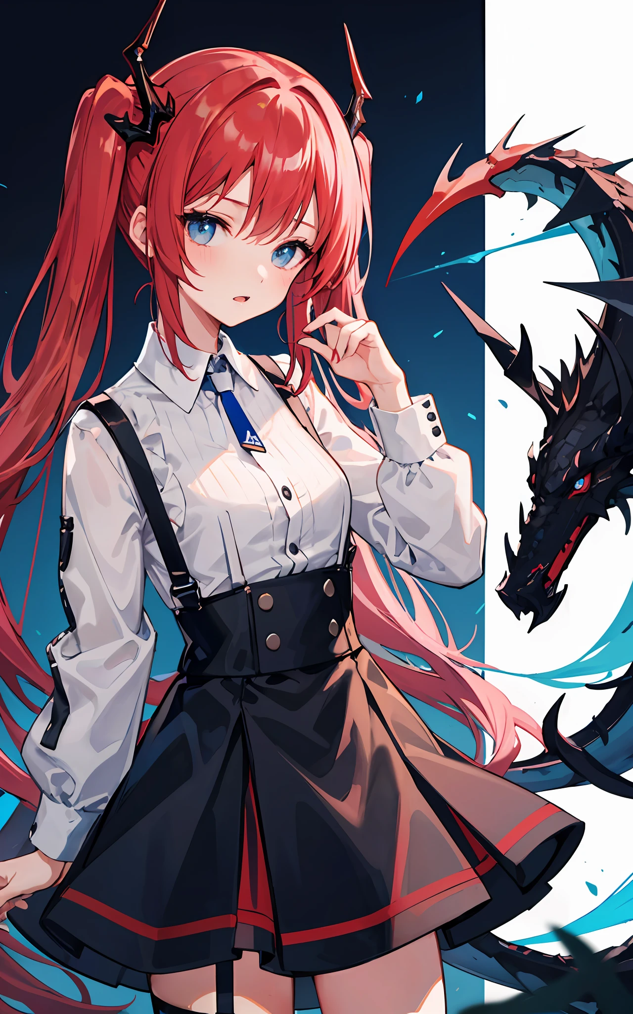 {{best quality}}, {{masterpiece}}, {{ultra-detailed}}, {illustration}, {detailed light}, red hair,blue eyes,twintails,ta,Suspenders skirt,Fantastic,lolio,Dragon horns,little gir,Arknights