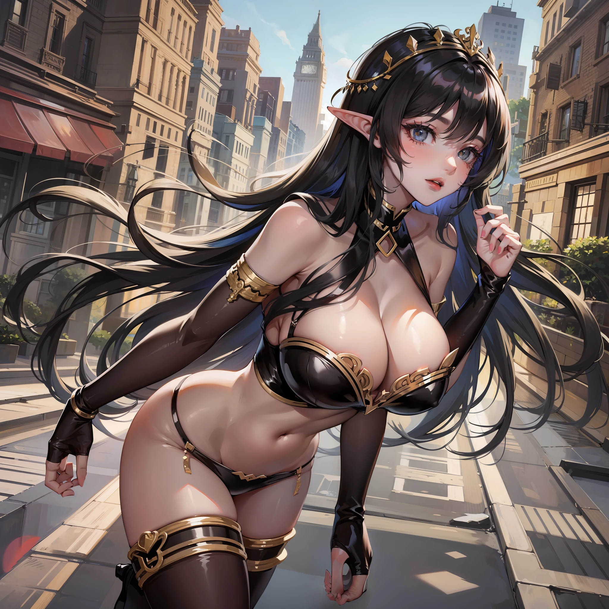 Dressed revealing,street,seductiv,Raised sexy,Beautuful Women,high-heels,High ponytailed black hair,black lence stockings,big assa,Large breasts,Cleavage is seductive,the elf,Full of desire,1girll,Open chest and breasts,perfect bodies,Stunner,Sunnyday,dreads,worry,Best quality at best,Black skin,Cleopatra