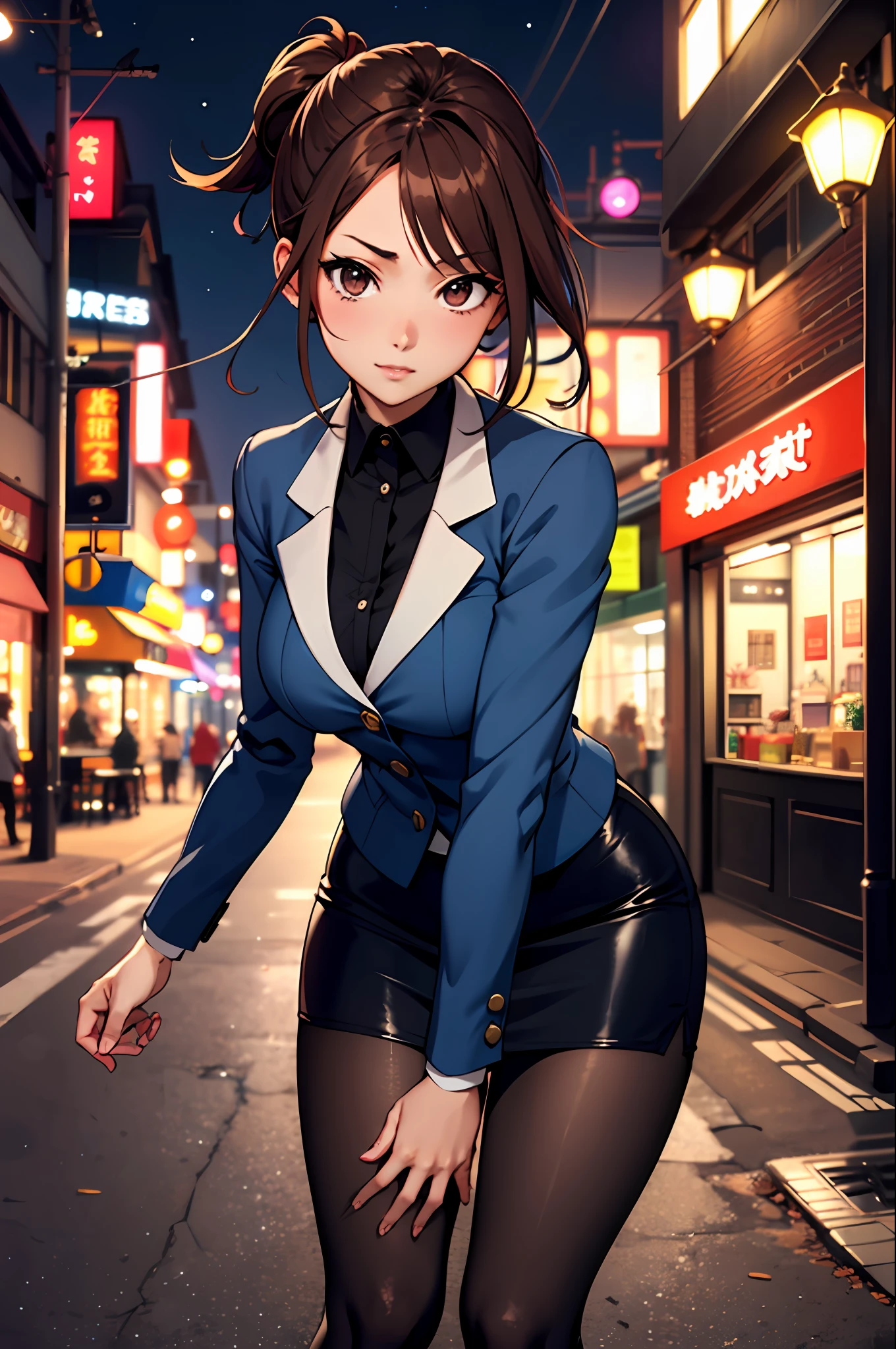 Bewitching anime girl in blue suit and tight skirt、Black tights,Inviting look、Buttoned shirt and brown hair,Ecchi anime style, bending forward,Kamimei,Red Light District at Night,neons