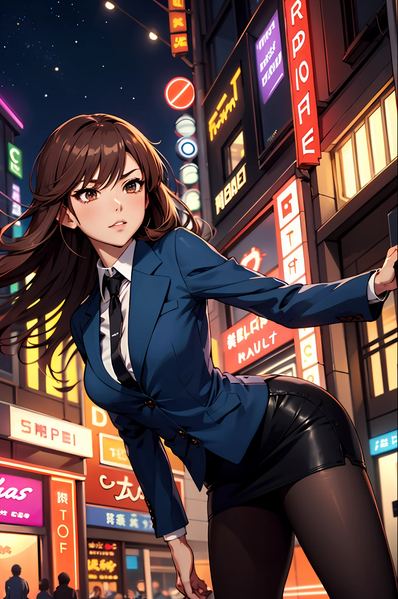 Bewitching anime girl in blue suit and tight skirt、Black tights,Inviting look、Buttoned shirt and brown hair,Ecchi anime style,  bending forward,Kamimei,Red Light District at Night,neons