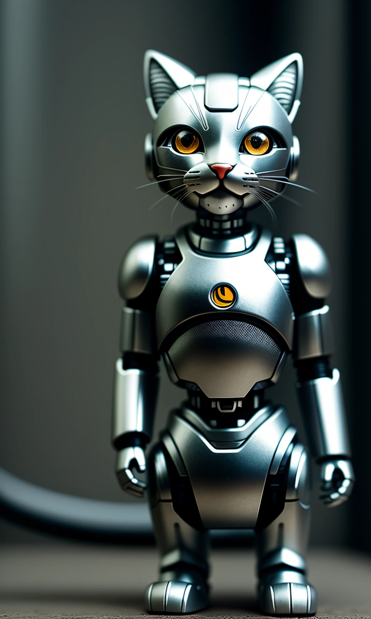 cute kitten made of metal, (cyborg: 1.1), ([tail | detailed wire]: 1.3), (complex detail), HDR, (complex detail, super detail: 1.2), cinematic shot, vignette, center