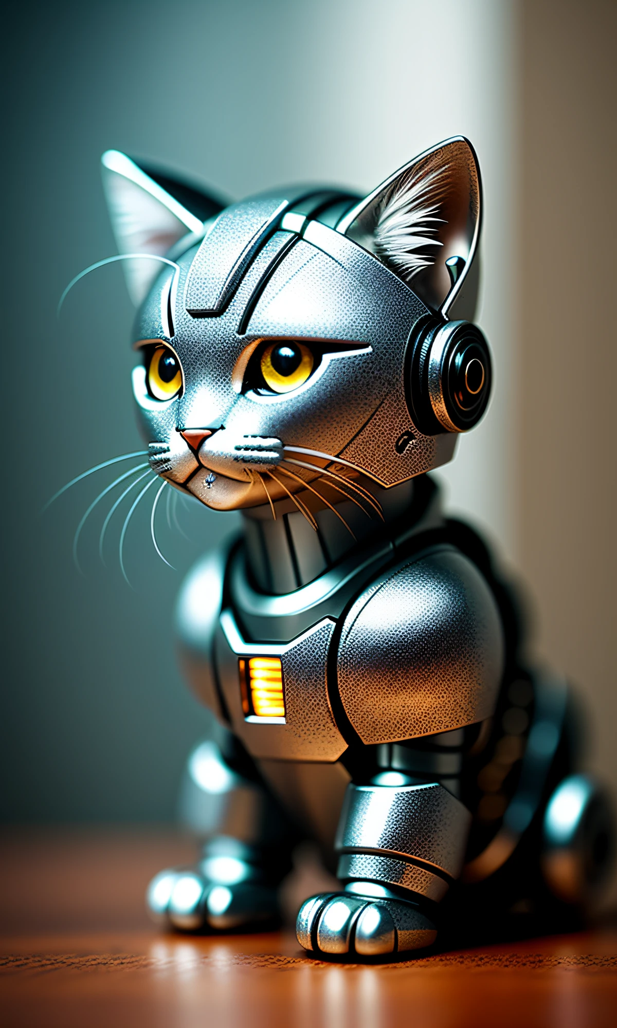 cute kitten made of metal, (cyborg: 1.1), ([tail | detailed wire]: 1.3), (complex detail), HDR, (complex detail, super detail: 1.2), cinematic shot, vignette, center