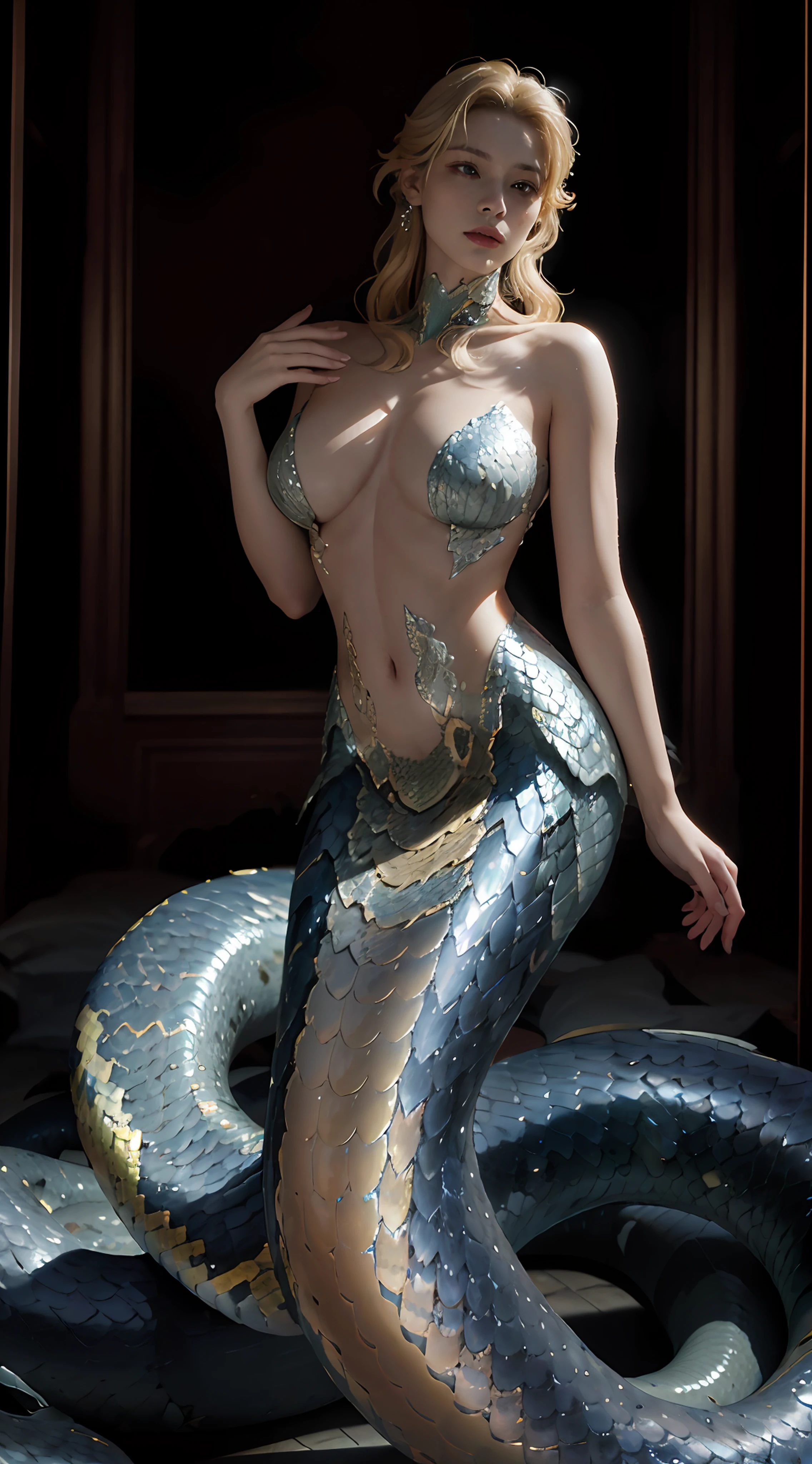 A woman covered in scales，(mermaid:1.2), (Snake tail:1.3)，8K  UHD，RAW photo，A snake woman，（Python pattern），White Snake（snake man），(Golden scales)，(Real Human:1.3)，(A high resolution:1.4)，(A detailed:1.5)，(photorealestic:1.7)，RAW photo，Portrait Photogram，Realistic scales，cabellos largos dorados，Skin is delicate and smooth，A plump chest，（Lamia），nakeness，RAW photo，超A high resolution，Foto realism，best qualtiy，(highdetailskin，skin detailed)，Visible Pore，Shiny skin，tmasterpiece，finedetail，Colorization，Extremely Delicately Beautiful，Extremely detailed 8k wallpaper，8K high quality，Digital SLR，Snake man maiden with beautiful details，(looking at viewert)，professional photograph lighting，Faraway view，full bodyesbian，in a panoramic view