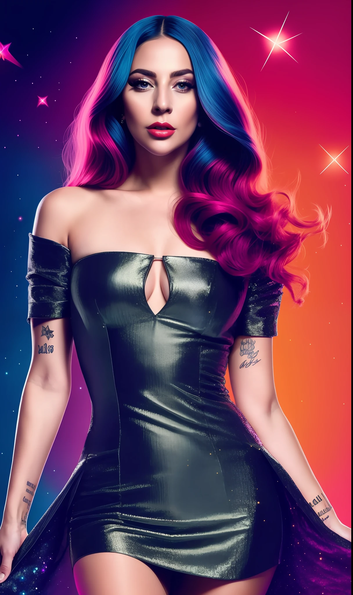 Lady GaGa con traje de super heroina brillante neon,fondo de estrellas,textura 4K, cabello largo, calidad alta, peinado extravagante, Original album cover, imagen 8k, futurista, alta calidad de imagen, en la noche, accesorios en el cabello, imagen 8k, rostro realista en alta calidad, cuerpo completo, diferentes poses corporales, alta calidad en el rostro, rasgos definidos,HD, rostro realista y definido 4k