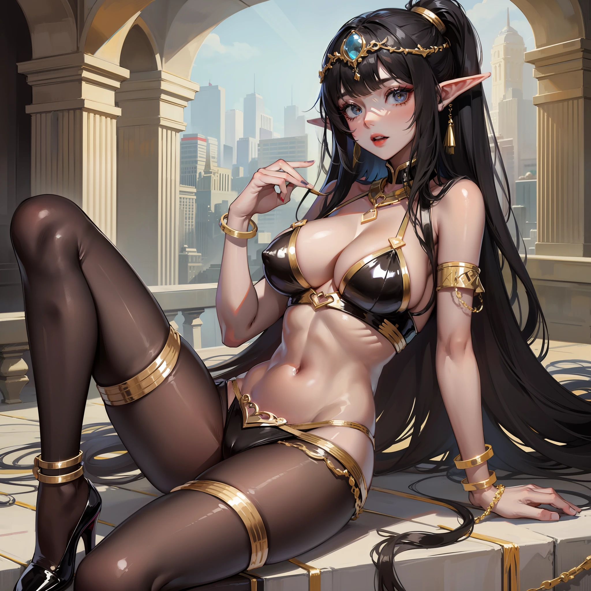 Dressed revealing，binding，seductiv，Raised sexy，Beautuful Women，high-heels，High ponytailed black hair，black lence stockings，big assa，Large breasts，Cleavage is seductive，the elf，Full of desire，1girll，Open chest and breasts，perfect bodies，Stunner，Sunnyday，dreads，worry，Best quality at best，Black skin，Cleopatra