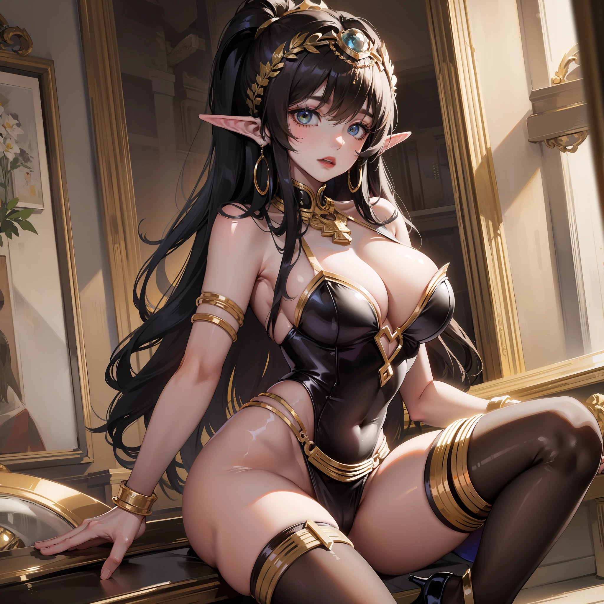 Dressed revealing,binding,seductiv,Raised sexy,Beautuful Women,high-heels,High ponytailed black hair,black lence stockings,big assa,Large breasts,Cleavage is seductive,the elf,Full of desire,1girll,Open chest and breasts,perfect bodies,Stunner,Sunnyday,dreads,worry,Best quality at best,Black skin,Cleopatra