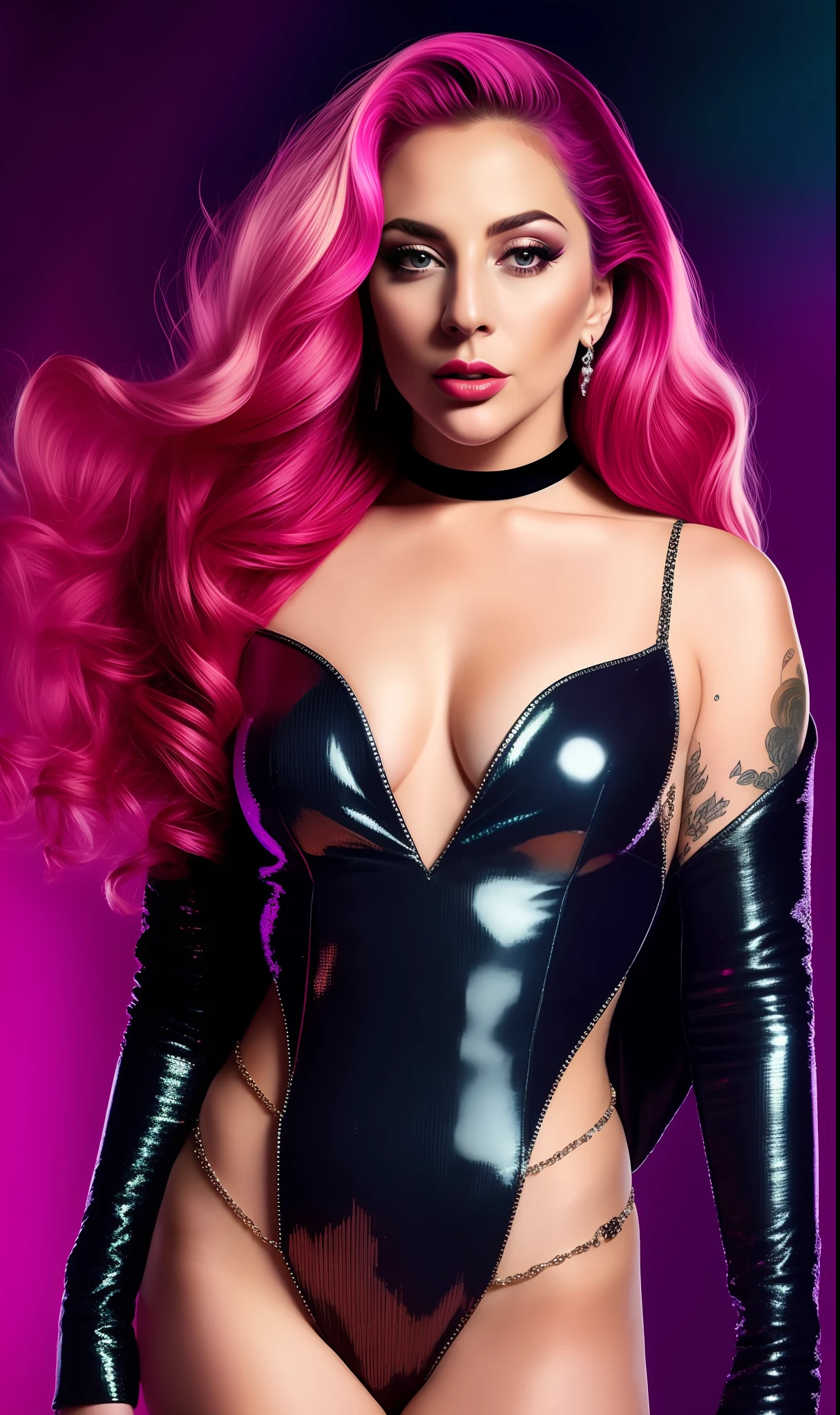 Lady GaGa con traje de super heroina brillante neon,fondo de estrellas,textura 4K, cabello largo, calidad alta, peinado extravagante, Original album cover, imagen 8k, futurista, alta calidad de imagen, en la noche, accesorios en el cabello, imagen 8k, rostro realista en alta calidad, cuerpo completo, diferentes poses corporales, alta calidad en el rostro, rasgos definidos,HD, rostro realista y definido 4k