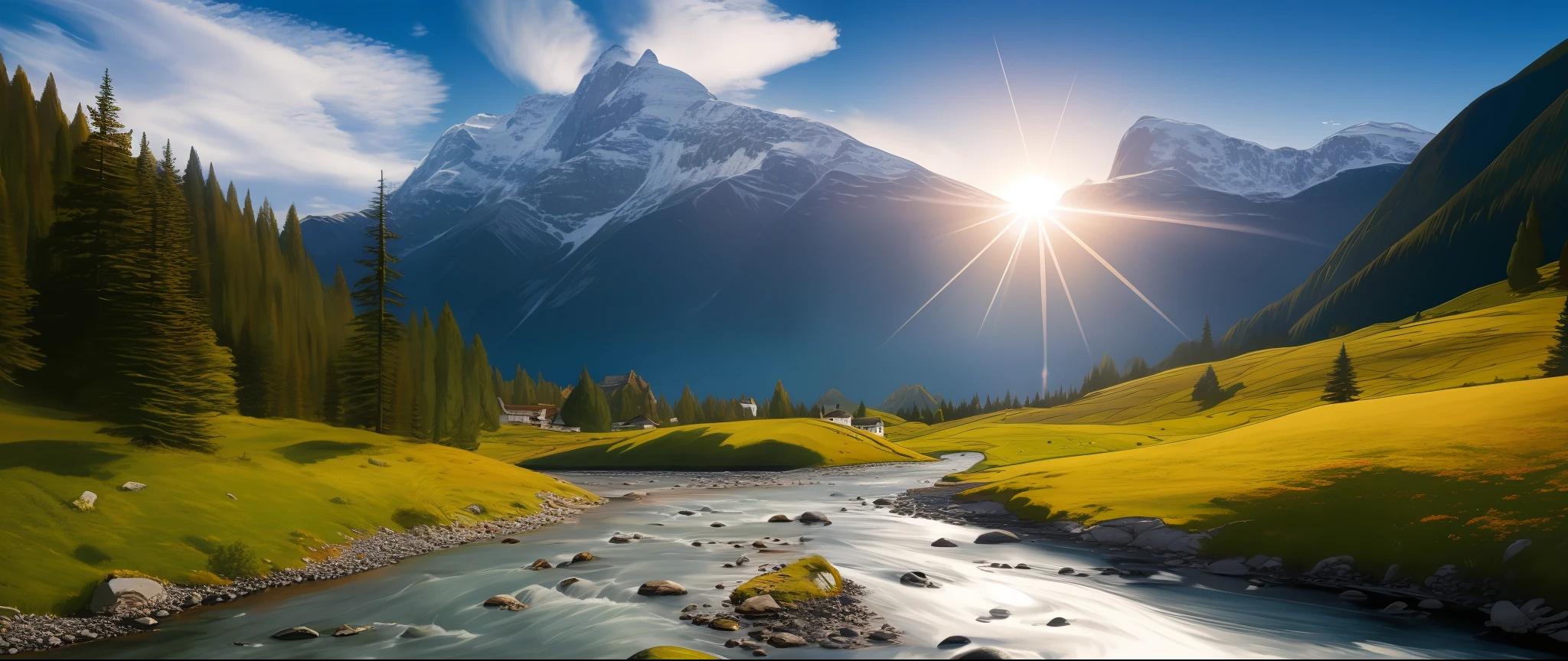 detailed background, masterpiece, best quality, landscape, mountains, river, forest, sun, day, clouds