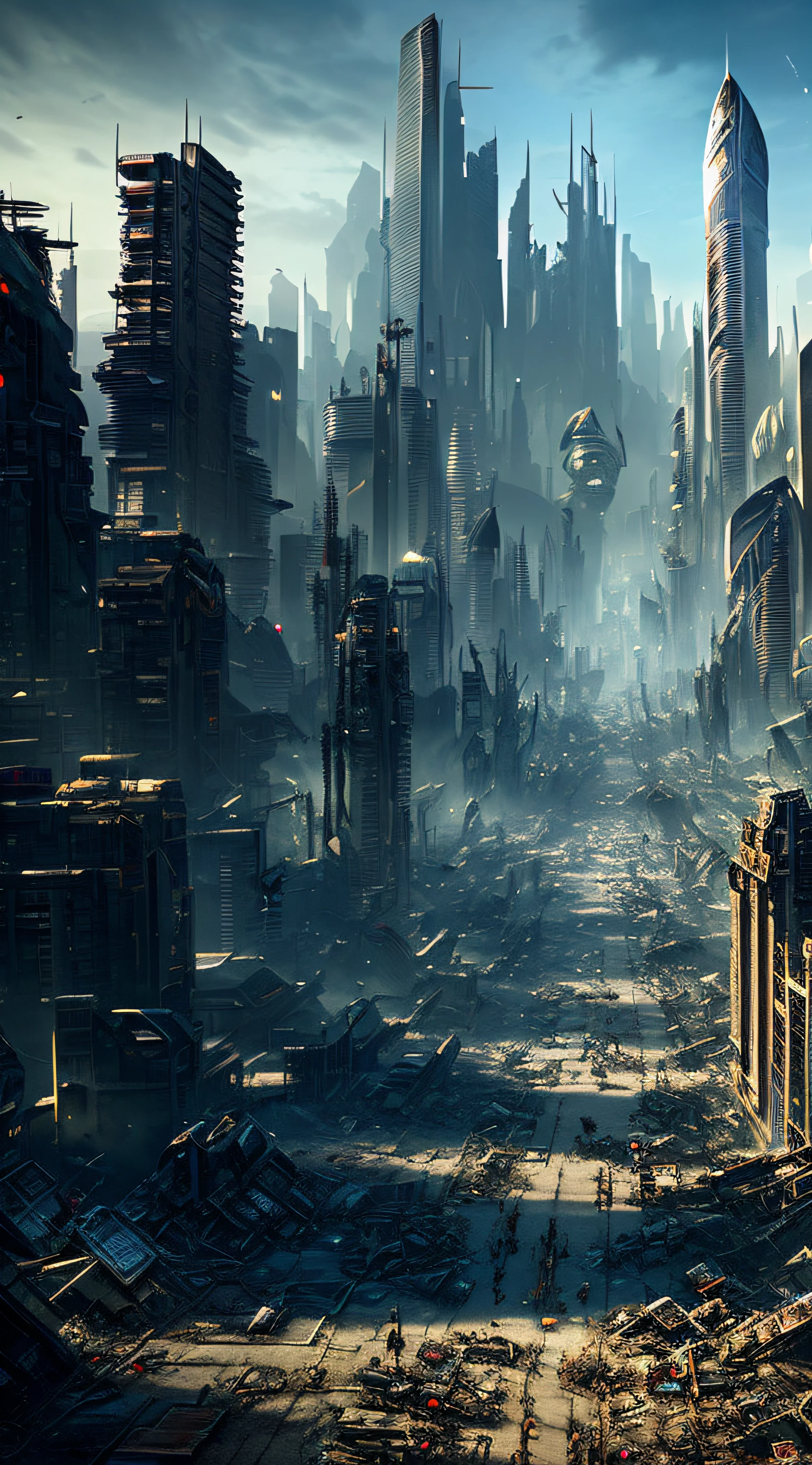 post apocalyptic futuristic city, shattered crystal spires, rubble strewn street, broken machines