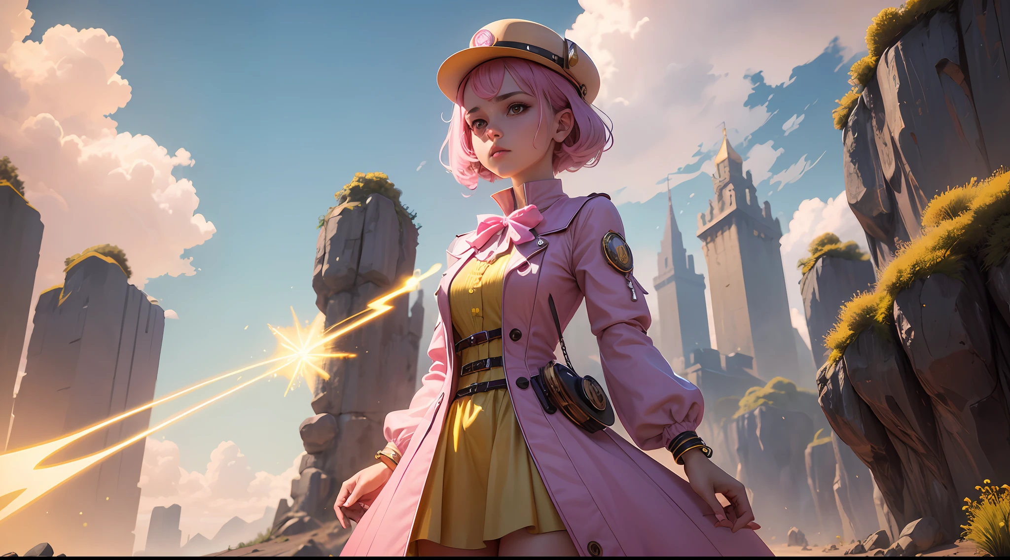 Girl in pink and yellow outfit with magic power coming out of her hands  ,centralizada no meio da paisagem e o fundo uma cidade futuristica  steam punk totalmente destruida , hiper detalhado hiper colorido 8k