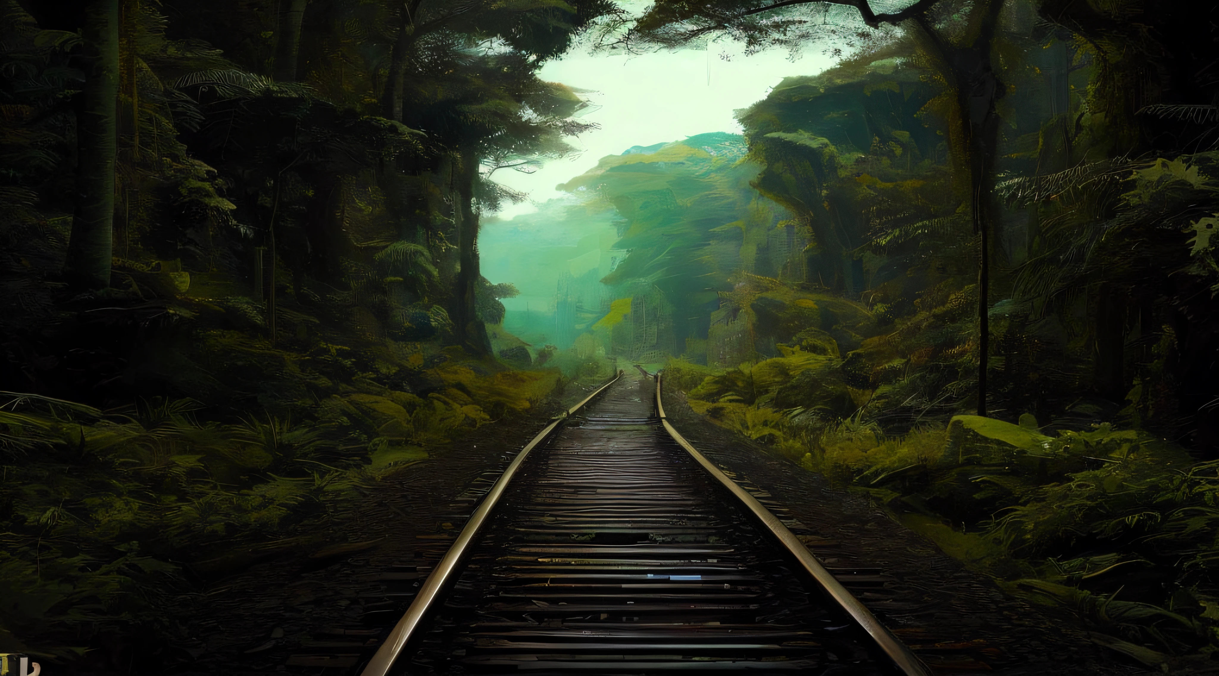 There is a train track that is passing through a forest, em um trilho de trem da floresta da selva, Ferrovia abandonada, selva estranha, selva profunda de outro mundo, ferrovia, ferrovias abandonadas, trilhos, Trem, biomechanical railroad, an alien jungle, 5 0 0 px, 500px, breath-taking, bela fotografia, foto da National Geographic", Trem LONGE