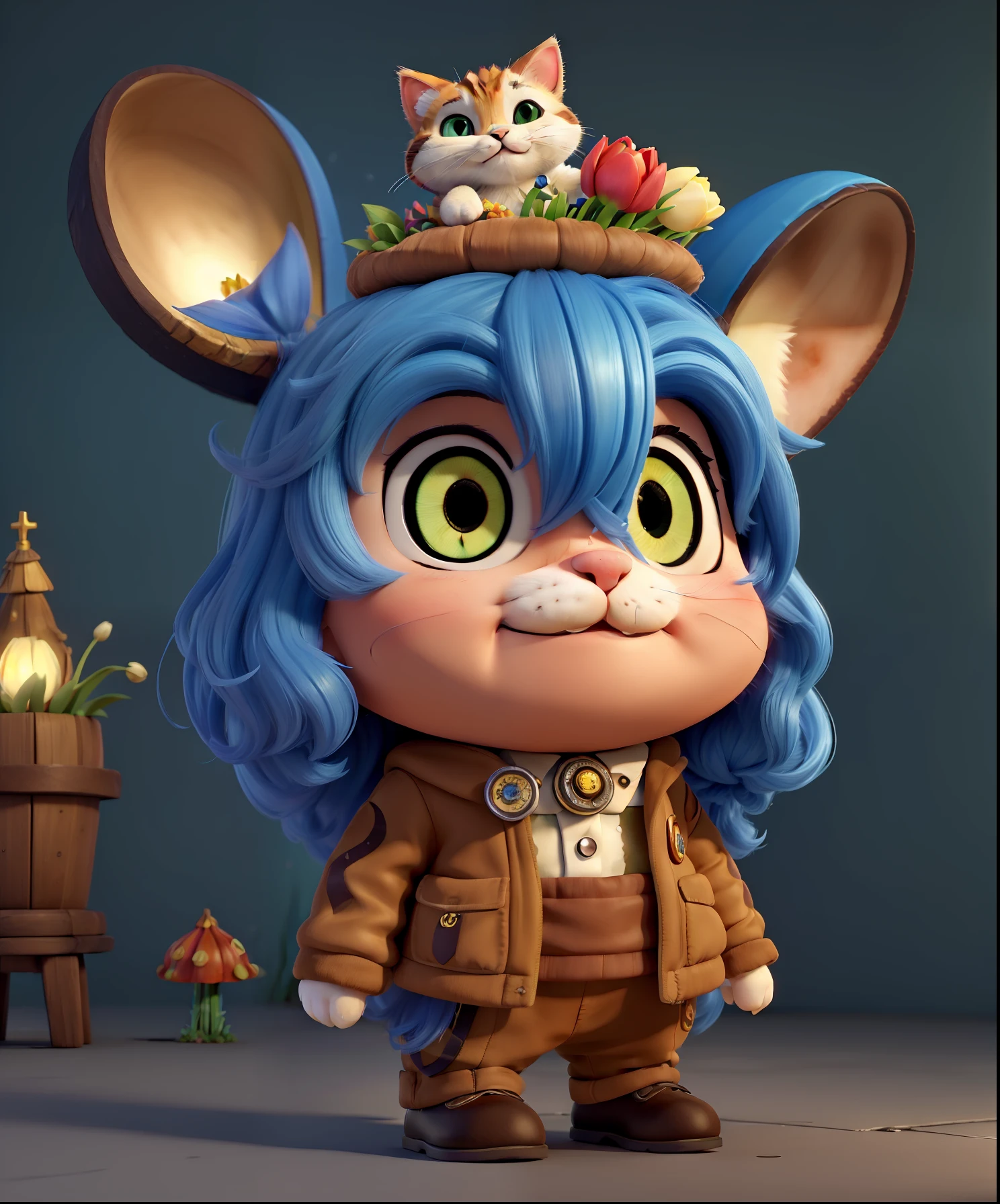 (Cute kitten:1.2), ssmile, Bushy smooth coat、personification, Mushroom cap on the head, rendered:(charicature:1.3,Production Movie, the pose:(Lively:1.2, amusing), modeled:(ultra-quality:1.2,8K,Orthographic view),tulips, blue-sky, for the background(Urban night:1.1),｛Complex and ultra-detailed, Giuseppe Arcimboldo｝