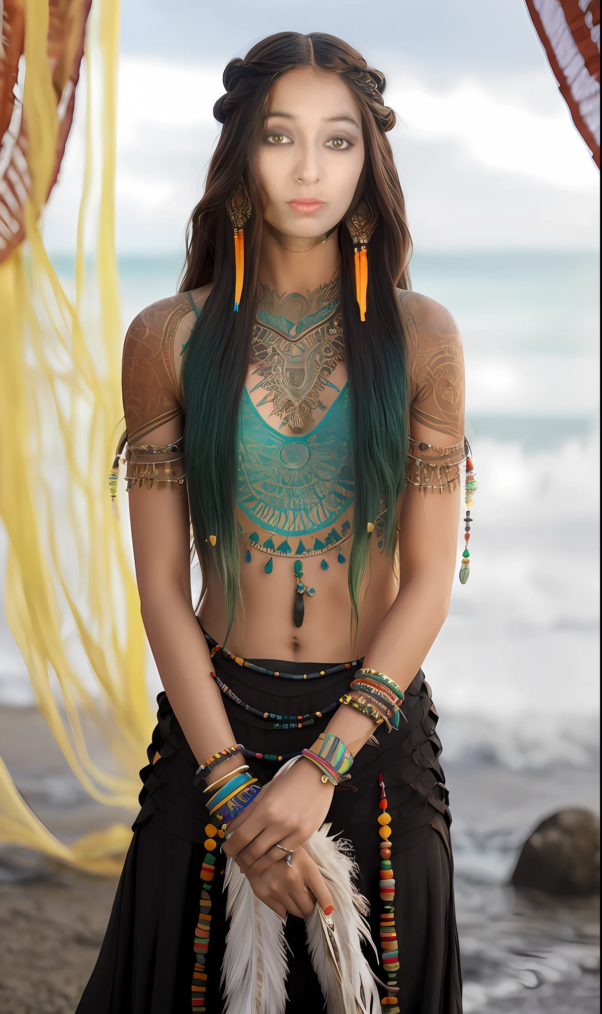 cabello hermoso, trenzas: shaman, septum piercing, mistic, (Cara hermosa), despampanante, Cabeza hacia arriba, (serene expression), calma, Espuma de mar Ropa deshilachada verde, Prayer beads, tribal jewelry, plumas en el pelo, tocado: 0.33, jade, obsidiana, Ropa detallada, escote, textura realista de la piel, (particles floating, agua arremolinada, brasas, ritual, torbellino, viento: 1.2), foco nítido, volumetric illumination, Buenas reflexiones, buen sombreado, Subsoil Scatter, intrincado, Altamente detallado, ((Kinematic)), dramatic, (highest qualityr, galardonado, obra maestra: , (fotorrealista: , (Intricate symmetrical warpaint