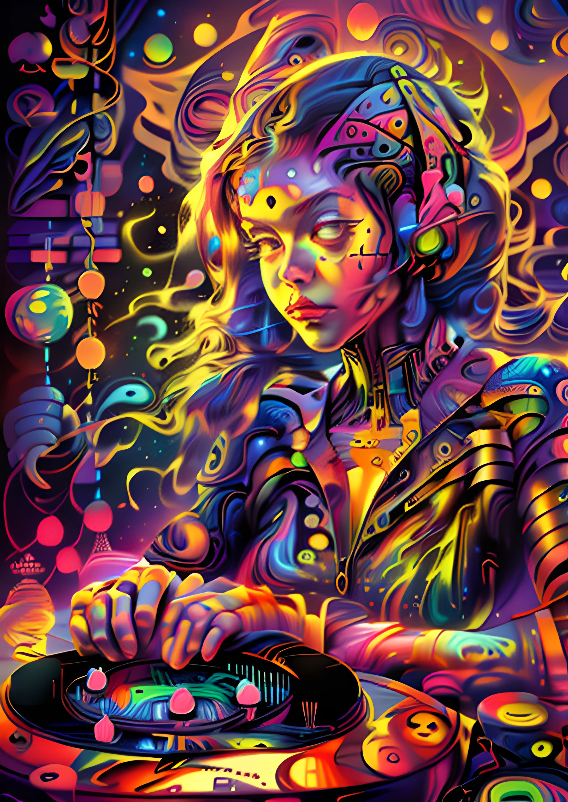 (High resolution, incredibly detailed, masterpiece), portrait of xenia ua,xenia (ua), dj,playing records ,featuring fractal geometry in (vibrant colors:0.8), set against a (galactic background:1.2), bringing together complex, mesmerizing shapes and patterns.dmt .