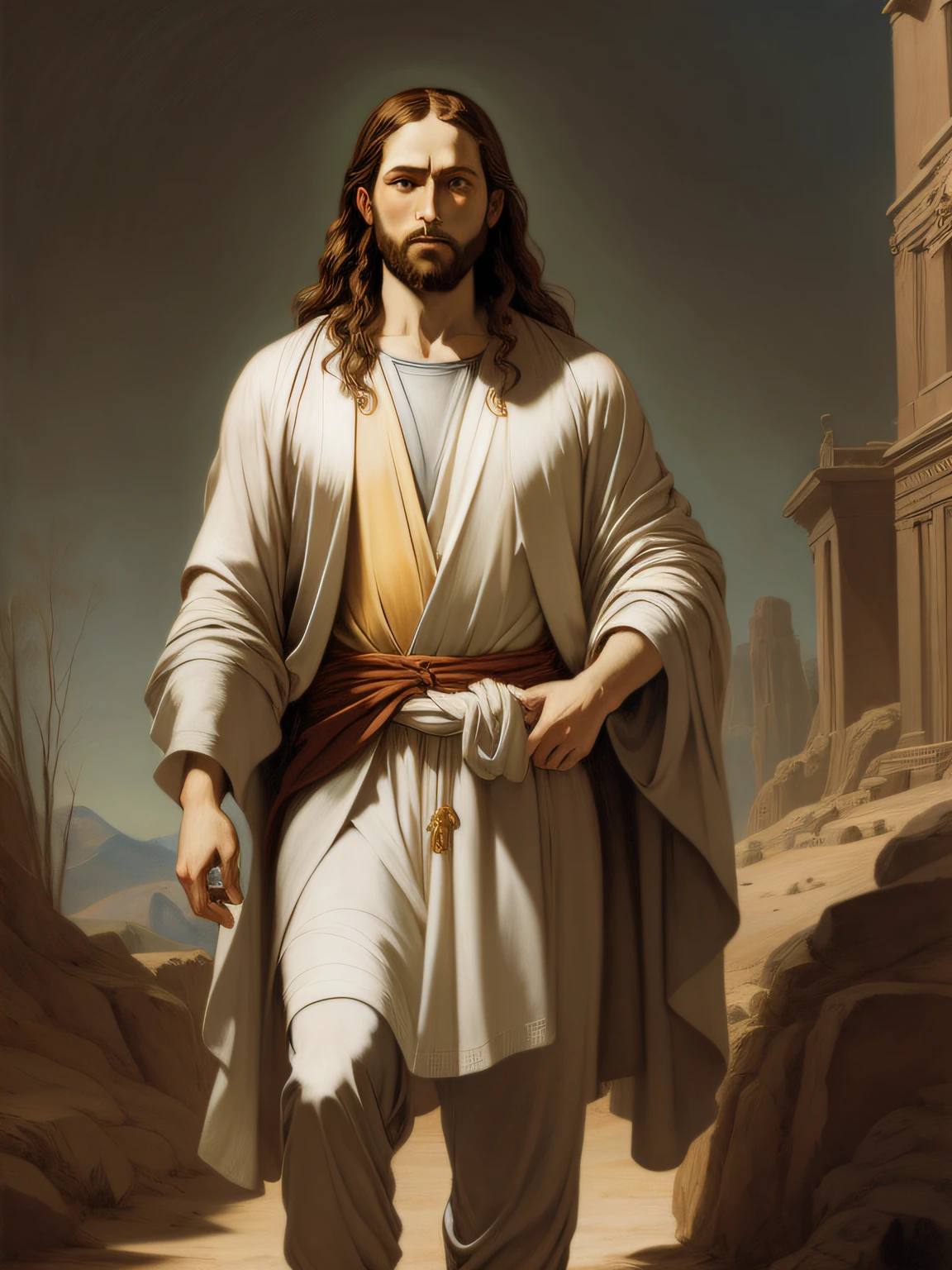 A beautiful ultra-thin realistic portrait of Jesus, the prophet, a 33-year-old Hebrew man, long brown hair, long brown beard, wearing white tunic, in front view, full body, biblical, realistic, in the desert intricate details, by Abbott Fuller Graves, Bartolome Esteban Murillo, J.C. Leyendecker, Craig Mullins, Peter Paul Rubens, (Caravaggio), Trend in Artstation, 8K, Concept Art, PhotoRealistic,  Realistic, Illustration, Oil Painting, Surrealism, HyperRealistic, brush brushes, Digital art, style, watercolor