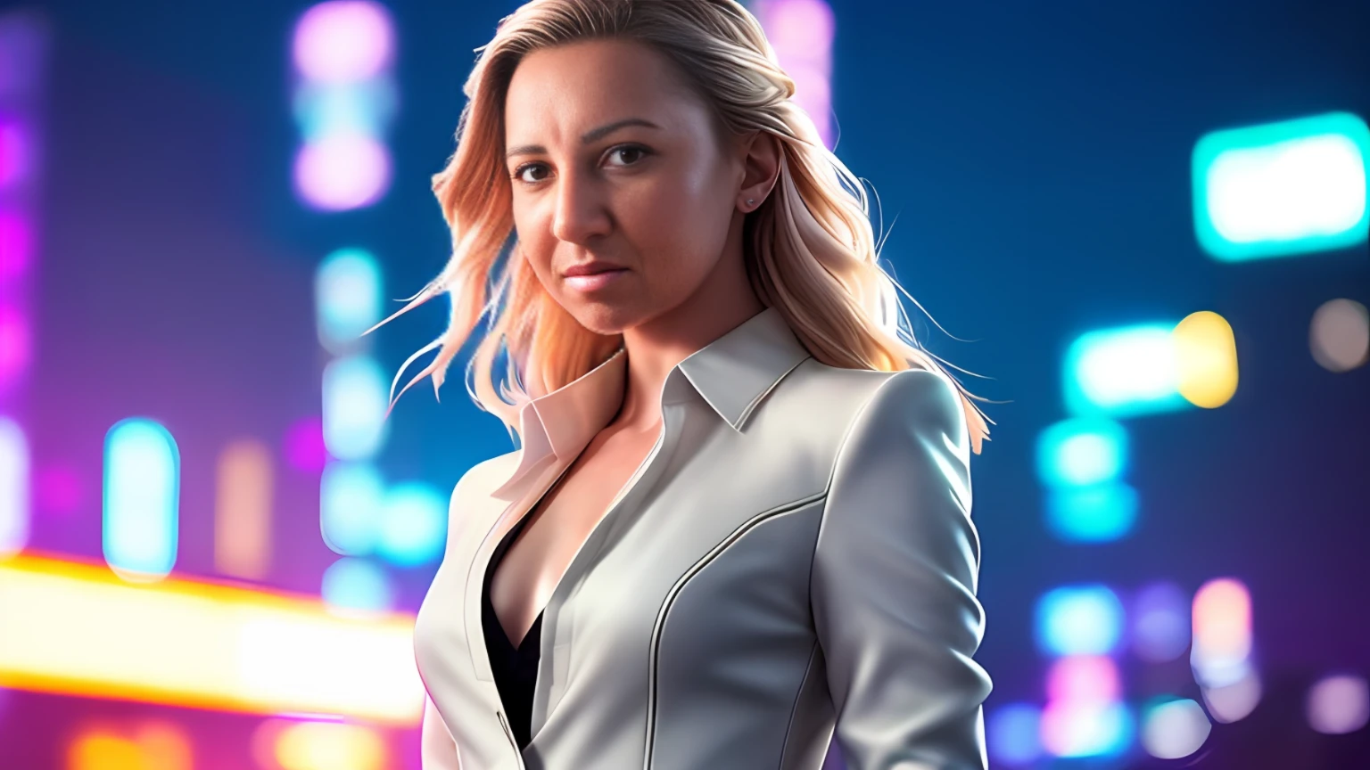 a Natalie Dormer, dynamic pose, full face, formally dressed, outdoor, at night, neon lights, cyberpunk style, white unbuttoned shirt, (neutral colors:1.3), (hyperrealism, dark shot, intricate details, rule of thirds, (dark vignette:1.2), (hdr:1.2), (bloom:1.2), (filmic:1.25), RAW photo)
