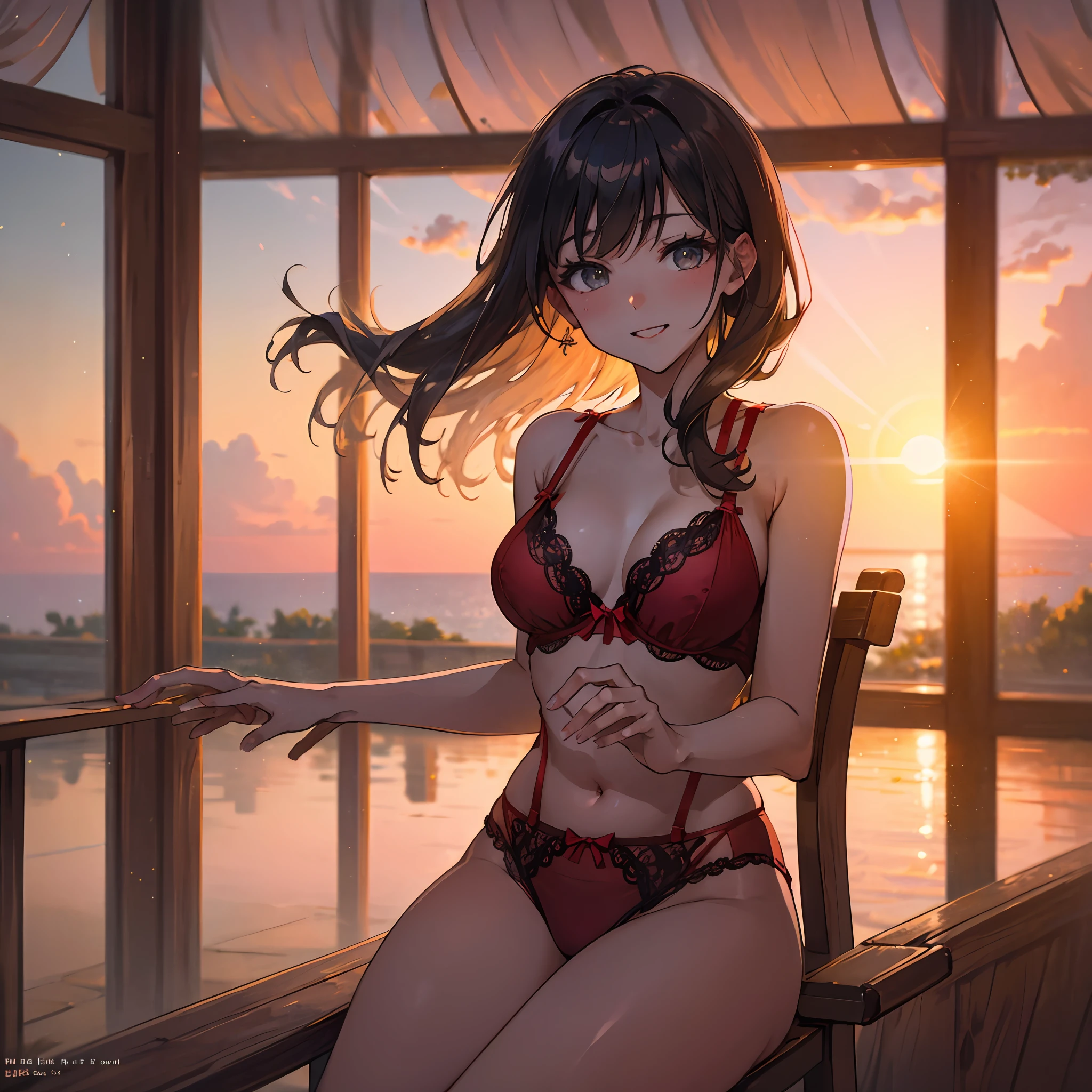 beautiful Japanese woman, ((Expression of bliss on his face)), Short topic, silk transparent panties,(red lingerie: 1,1),phantasy, ( The Face of Happiness), (bliss), joyful look,hair light,glaring at the viewer, Sunset, filmstill, HDR,sexy figure,sitting, sitting on chair, Edging rendering, higly detailed,ray traced, Masterpiece,Global Illumination, 8k, --auto