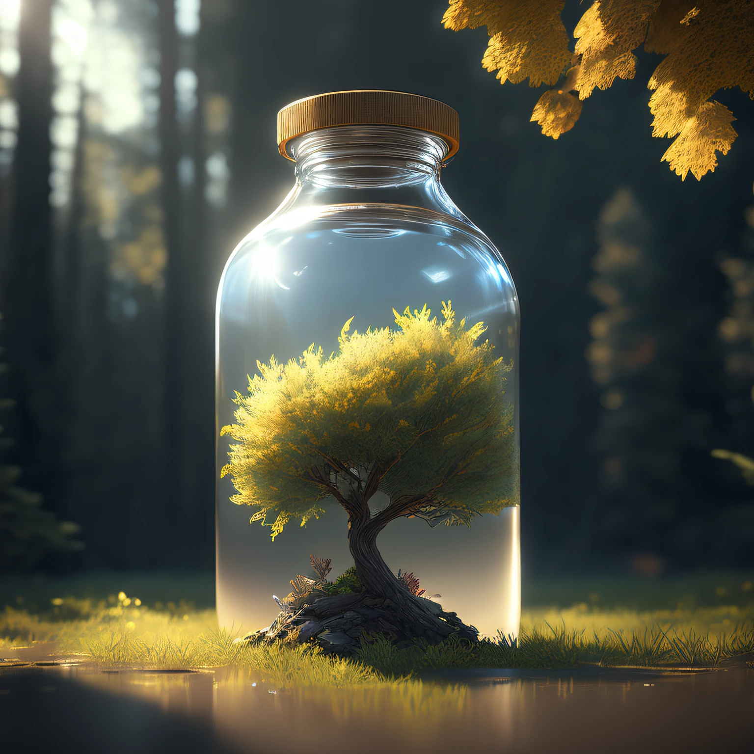 dreamlikeart tree in a bottle, fluffy, realistic, photo, canon, dreamlike, art, colorfull leaves and branches with flowers on top of its head. hyperdetailed photorealism by greg rutkowski - h 1024 w 804 | f 1 6 lens mark 2:2 s 3555 mm film grain :1 lifelike high res sharp focus contrast!! intricate detailed atmospheric light refraction lighting unreal engine 5 cinematic concept photography masterpiece octane render trending at cgsociety rendered as