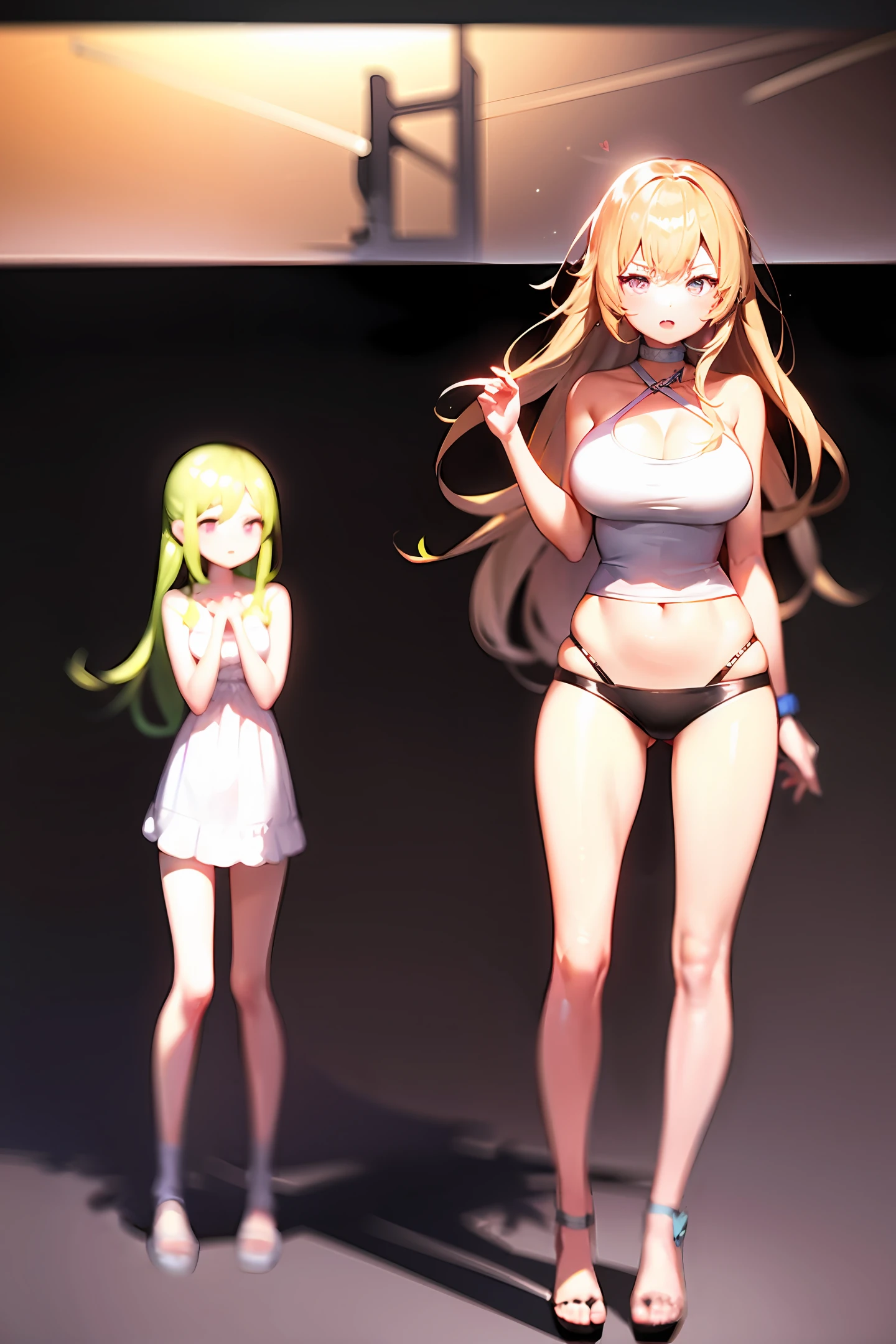 tmasterpiece, Best quality at best, 3girl, Young girls, Copper-colored eyes, Honey Blonde Hair, Wedge heel cut, stunn_face, Glow skin, mediuml breasts, nice leg line:1.3,Thin leg, big breasts thin waist, giantess