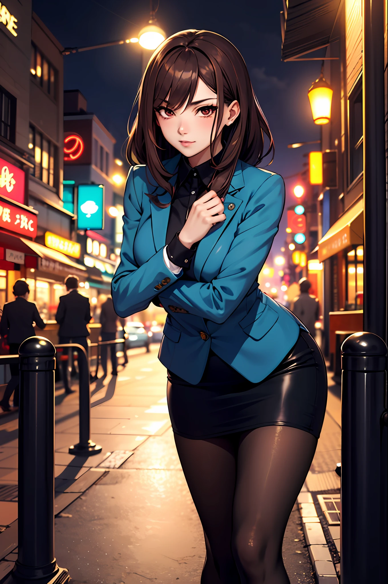 Bewitching anime girl in blue suit and tight skirt、Black tights,Inviting look、black top and brown hair,,,,,Ecchi anime style,  bending forward,Kamimei,Red Light District at Night,neons