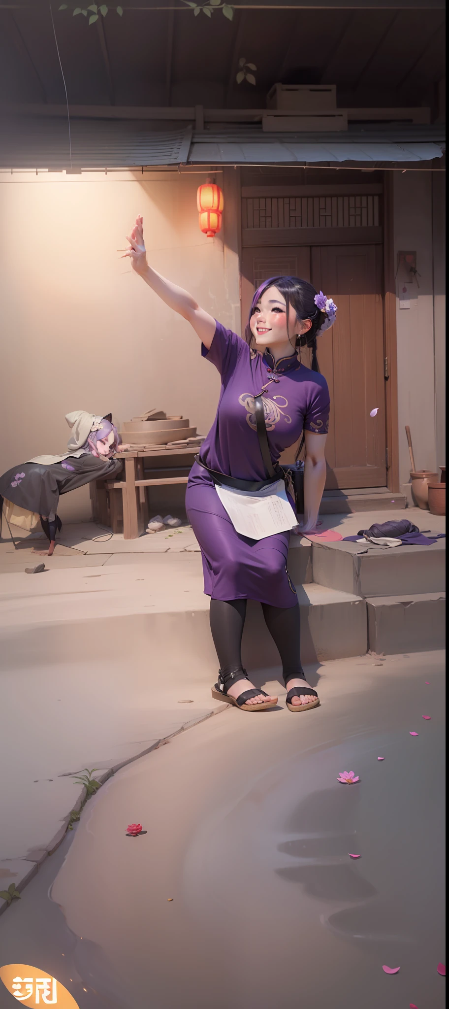 ((4K,tmasterpiece,Best quality，Two-dimensional girl)), shuimobysim, Traditional Chinese painting, ink, Hanfu, maxikit, Dress conservatively 1girl, 独奏,Long purple hair, Smiled, Side leaning, A smile, The barefoot，flower  sea，starrysky ，Perfect body proportions，Perfect limbs