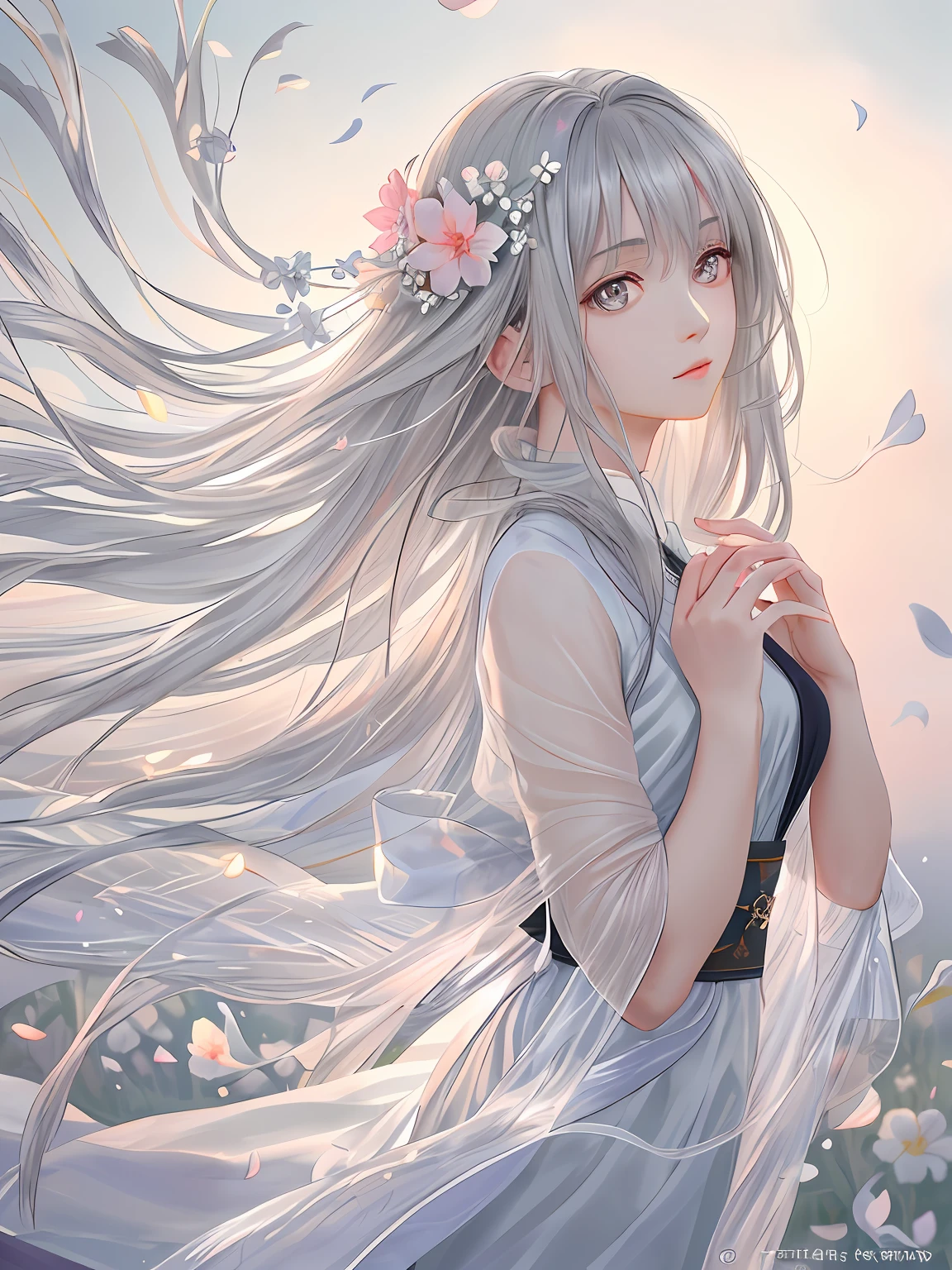 🎨Model: Kizuki - Anime / Hentai Checkpoint
🌸Prompts: (masterpiece, high resolution, realistic portrait:1.3), an anime woman with an ethereal presence, portraying a serene sisterly figure, (long silver-white hair:1.2), cascading down her back, (light pink lips:1.1), gentle and calm, bangs elegantly framing her face, (gray pupils:1.4), radiating a sense of wisdom, standing in a cold wind, (realistic portrayal:1.1), delicate petals dancing in the air, (flower background:1.2), adding a touch of beauty and fragility, (calm and rational expression:1.1), portraying her composed nature, (delicate and serene face:1.2), capturing her tranquility, mid-shot focusing on her delicate features, (subtle wind-blown strands of hair:1.1), (background music:1.2), evoking a sense of calmness and introspection.