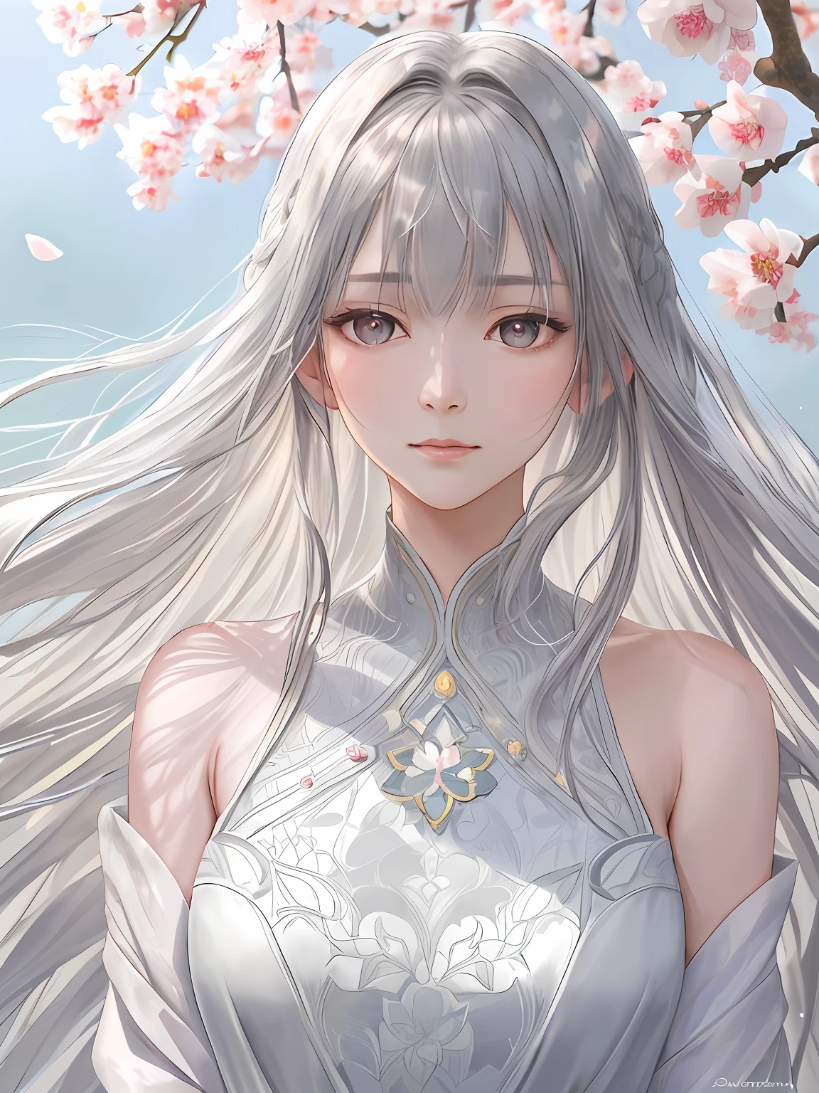 🎨Model: Kizuki - Anime / Hentai Checkpoint
🌸Prompts: (masterpiece, high resolution, realistic portrait:1.3), an anime woman with an ethereal presence, portraying a serene sisterly figure, (long silver-white hair:1.2), cascading down her back, (light pink lips:1.1), gentle and calm, bangs elegantly framing her face, (gray pupils:1.4), radiating a sense of wisdom, standing in a cold wind, (realistic portrayal:1.1), delicate petals dancing in the air, (flower background:1.2), adding a touch of beauty and fragility, (calm and rational expression:1.1), portraying her composed nature, (delicate and serene face:1.2), capturing her tranquility, mid-shot focusing on her delicate features, (subtle wind-blown strands of hair:1.1), (background music:1.2), evoking a sense of calmness and introspection.
