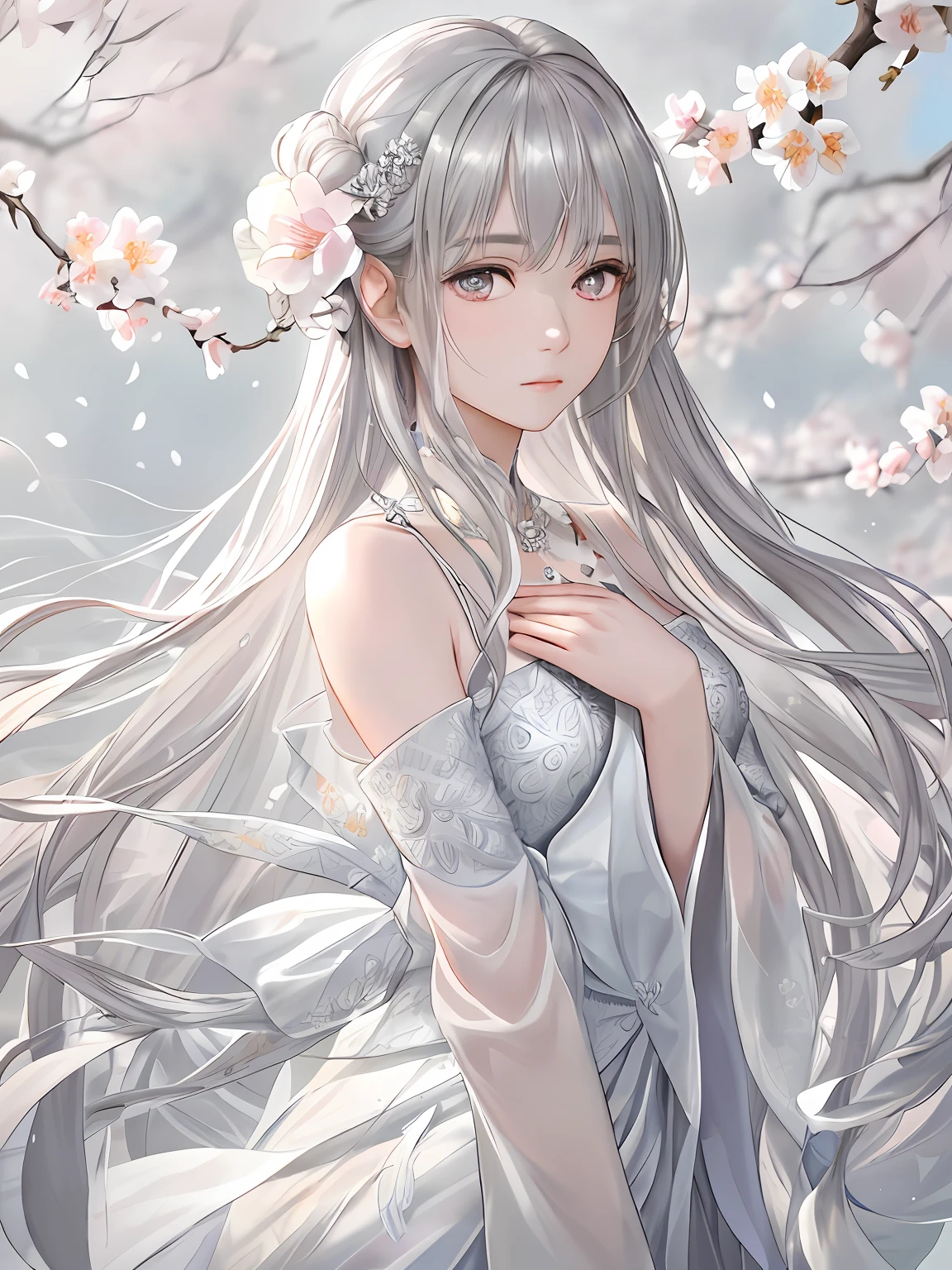 🎨Model: Kizuki - Anime / Hentai Checkpoint
🌸Prompts: (masterpiece, high resolution, realistic portrait:1.3), an anime woman with an ethereal presence, portraying a serene sisterly figure, (long silver-white hair:1.2), cascading down her back, (light pink lips:1.1), gentle and calm, bangs elegantly framing her face, (gray pupils:1.4), radiating a sense of wisdom, standing in a cold wind, (realistic portrayal:1.1), delicate petals dancing in the air, (flower background:1.2), adding a touch of beauty and fragility, (calm and rational expression:1.1), portraying her composed nature, (delicate and serene face:1.2), capturing her tranquility, mid-shot focusing on her delicate features, (subtle wind-blown strands of hair:1.1), (background music:1.2), evoking a sense of calmness and introspection.