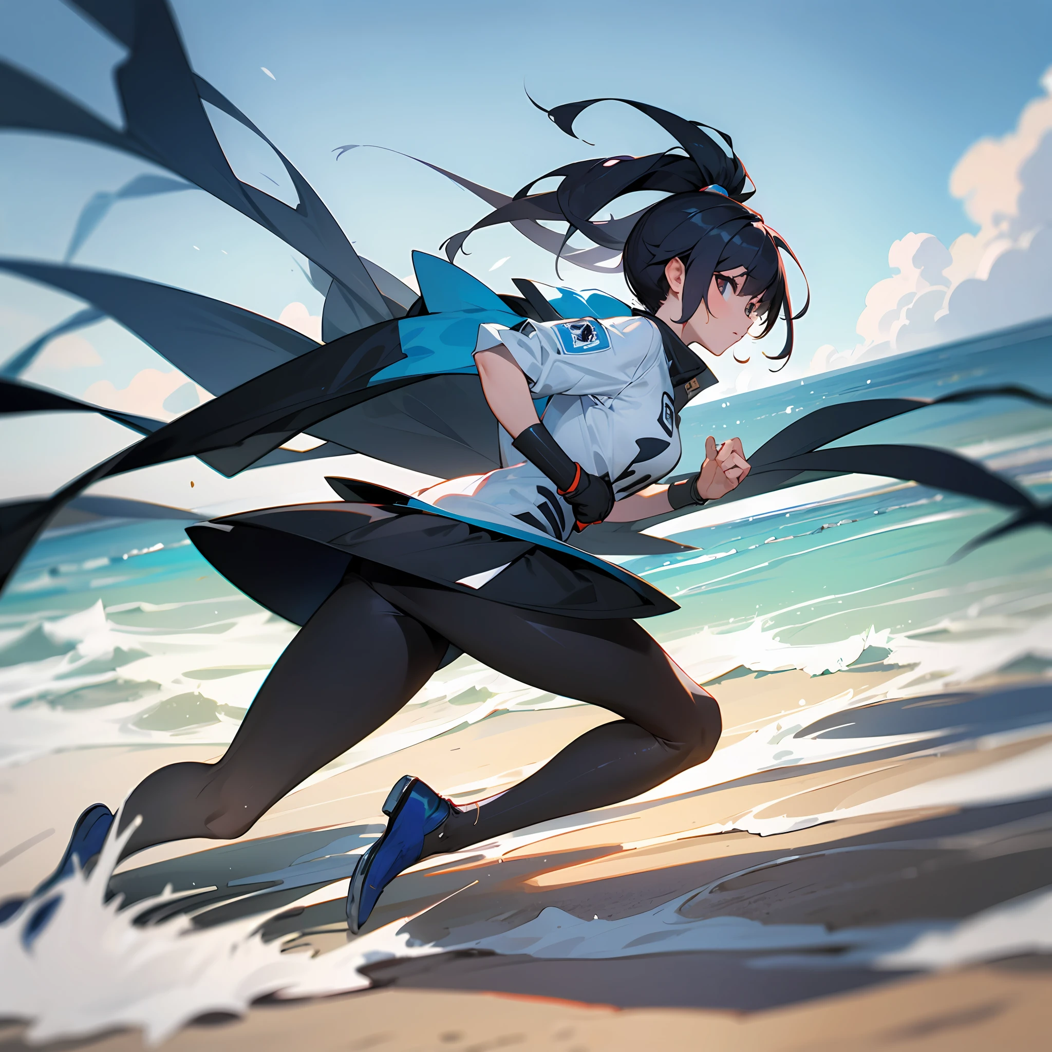 Sporty beauty running on the beach,Anterior convex and posterior,Wear transparent tights --auto
