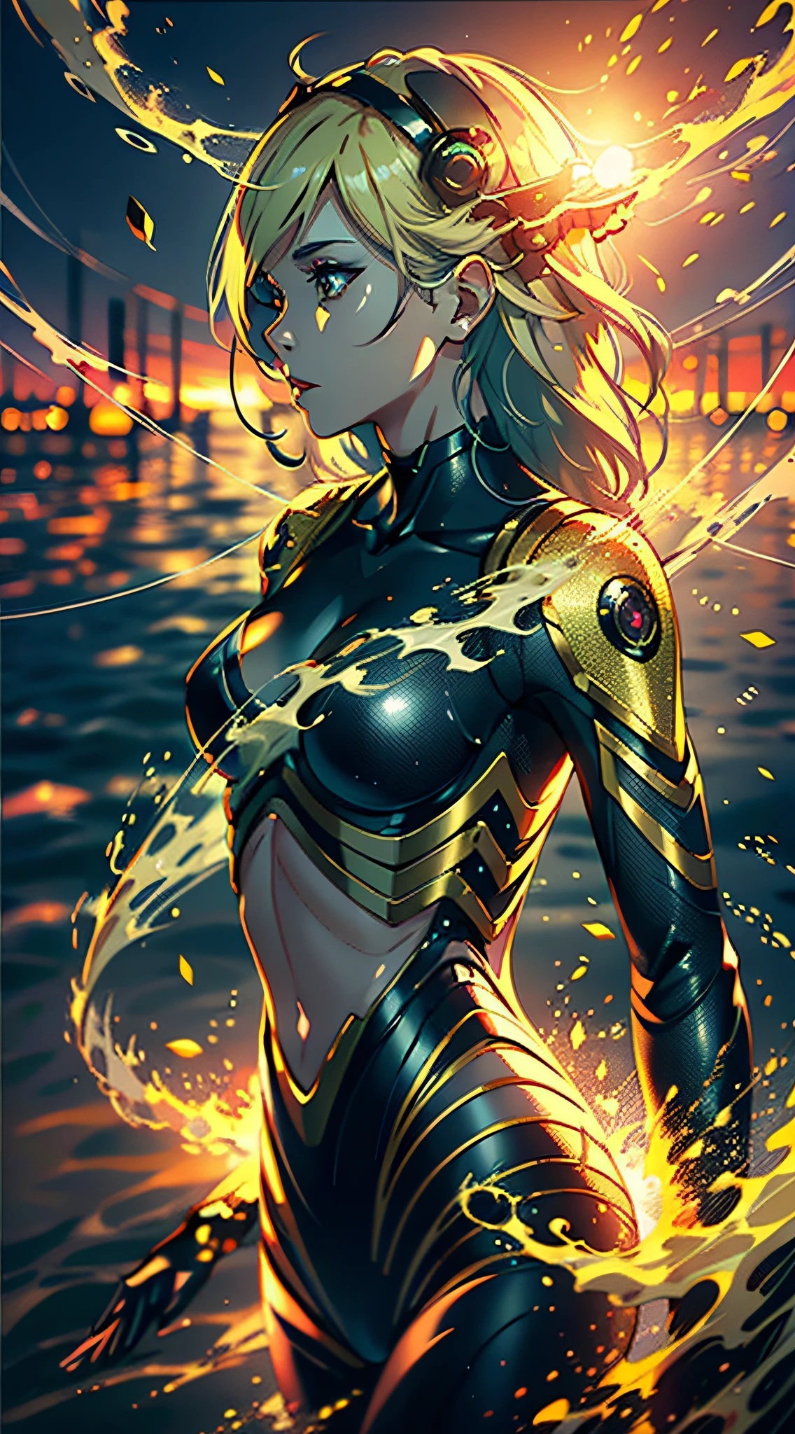 ((Best quality)), ((masterpiece)), (detailed:1.4), 3D, an image of a beautiful cyberpunk female,HDR (High Dynamic Range),Ray Tracing,NVIDIA RTX,Super-Resolution,Unreal 5,Subsurface scattering,PBR Texturing,Post-processing,Anisotropic Filtering,Depth-of-field,Maximum clarity and sharpness,Multi-layered textures,Albedo and Specular maps,Surface shading,Accurate simulation of light-material interaction,Perfect proportions,Octane Render,Two-tone lighting,Wide aperture,Low ISO,White balance,Rule of thirds,8K RAW,Masterpiece, best quality, (8k very detailed CG unit wallpaper) (best quality), (best illustration), (best shading) a golden sea wave, bright orange aol sunset through the wave, golden water drops flying, (:1. 6),