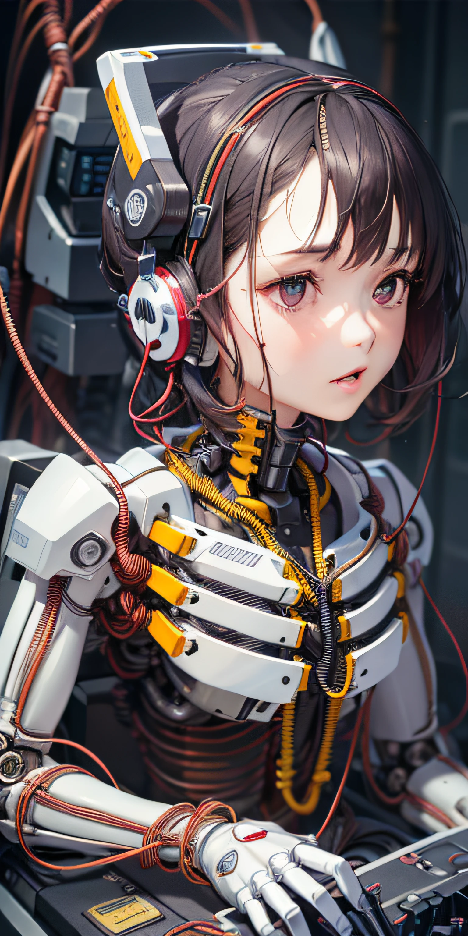 (((masterpiece))), ((((best quality)))), (((ultra-detailed))), (CG illustration), ((Extremely delicate and beautiful)),(Cute and delicate face),cinematic light,((1 mechanical girl)),solo,full body,(machine made joints:1.4),((Mechanical limb)),(Blood vessel attached to tube),((The mechanical vertebrae are attached to the back)), ((A mechanical cervical vertebrae attached to the neck)),((Seated)),face expressionless,(Wires and cables attached to the head and body:1.5),(Character focus),sci-fy,Black color mecha