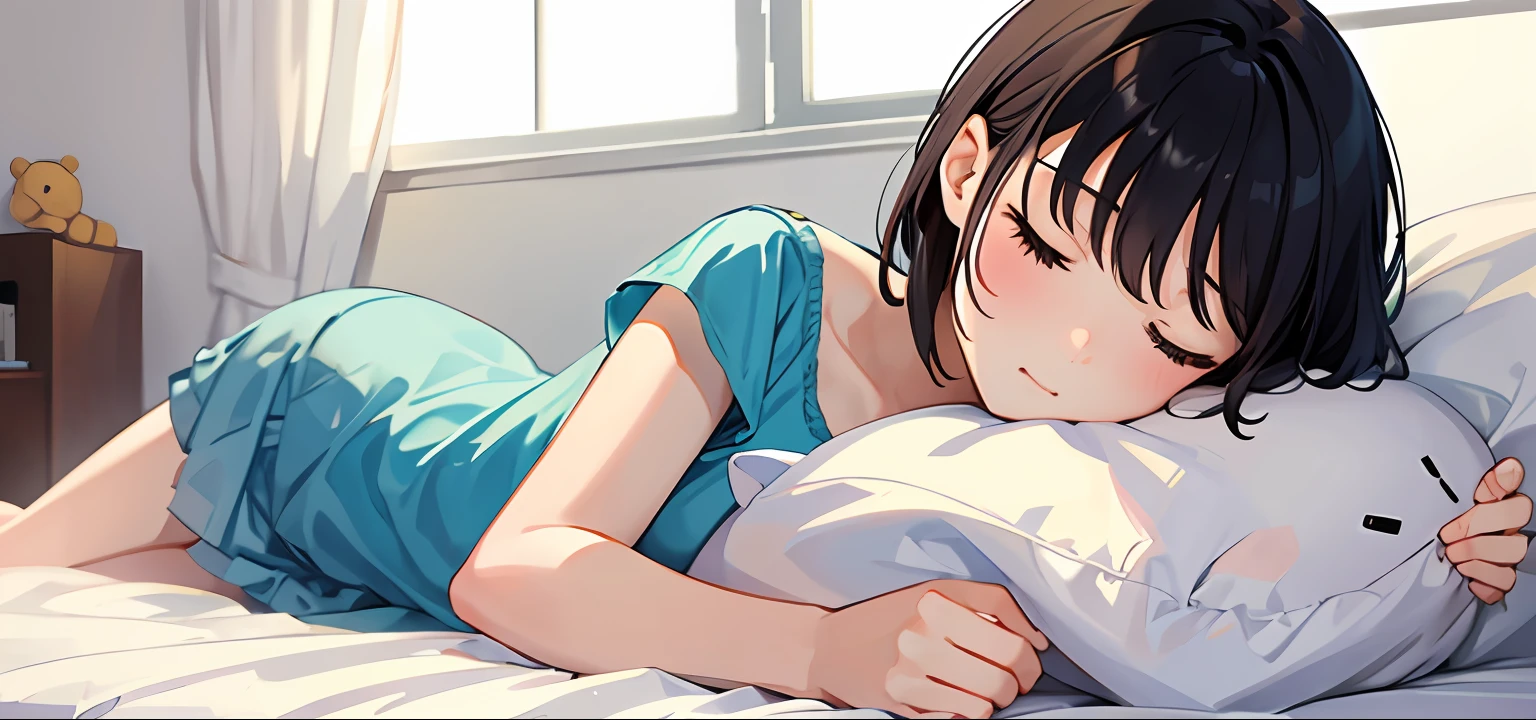 girl sleeping,sixteen years old、Holding a stuffed animal、I'm drooling with my mouth open、Prone,Random angles、short-hair