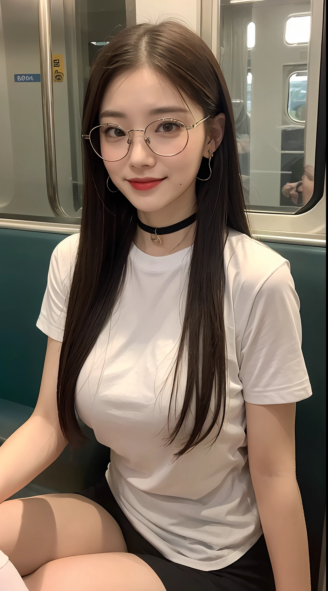 ((midnight, Need, 8K, tmasterpiece:1.3)),Long legs, Focalors:1.2, Plump body,Bust,perfect figure beautiful woman:1.4,((Dark brown hair, huge tit:1.2 )), (Low-cut white T-shirt, Deep VT shirt,Silk stockings,Skinny white T-shirt,low chest,short skirt), ((In the train)),lots of people,Highly detailed facial and skin texture, A detailed eye, 二重まぶた,wears glasses,crisp breasts,Smile with,Bigger breasts, pony tails,crisp breasts,Get wet,Sweat profusely,Red lips,Large bust,huge tit,wearing a choker,Wear earrings,Noble beauty,is shy,Be red in the face,Large chest