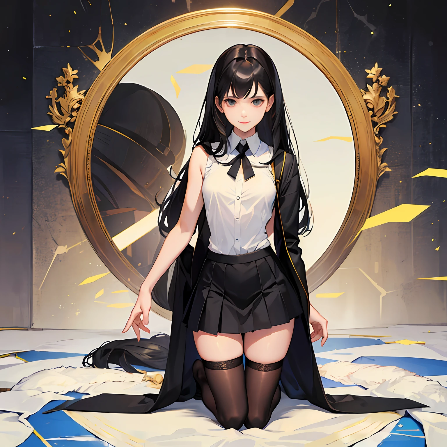 schoolgirls，quadratic element，Royal sister，Kneeling pose，mature，black lence stockings，upper body bare，Chest medium size，Long legs，White skin，ssmile，Long black hair --auto