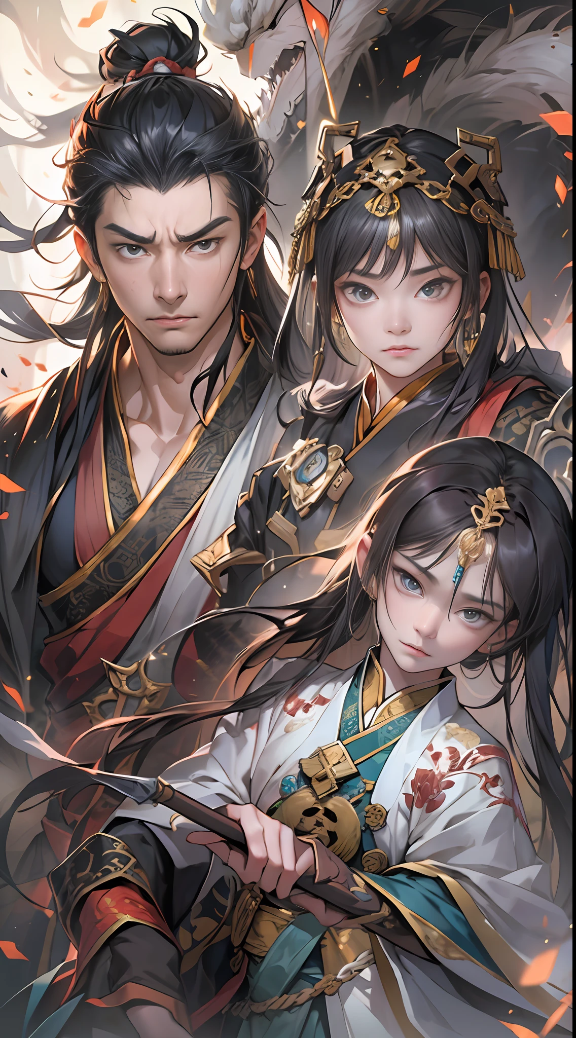 Li Gu quickly retreats and protects Li Xiao Xiao and Li Xin, who are next to the puppet, with all his strength. They all have worried and anxious expressions, surrounded by a dangerous aura, , 32k, best quality, masterpiece, super detail, high details,