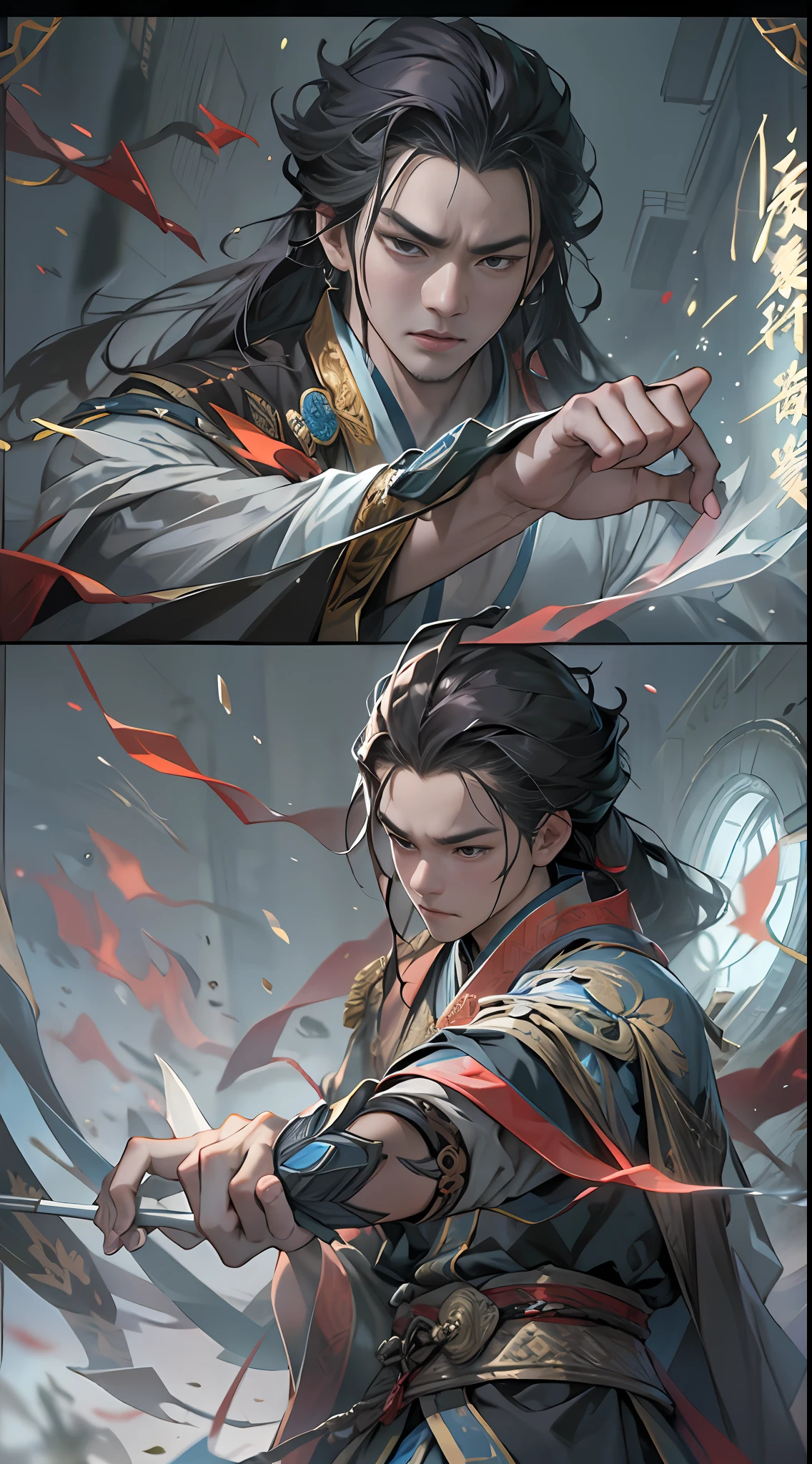 Li Gu quickly retreats and protects Li Xiao Xiao and Li Xin, who are next to the puppet, with all his strength. They all have worried and anxious expressions, surrounded by a dangerous aura, , 32k, best quality, masterpiece, super detail, high details,