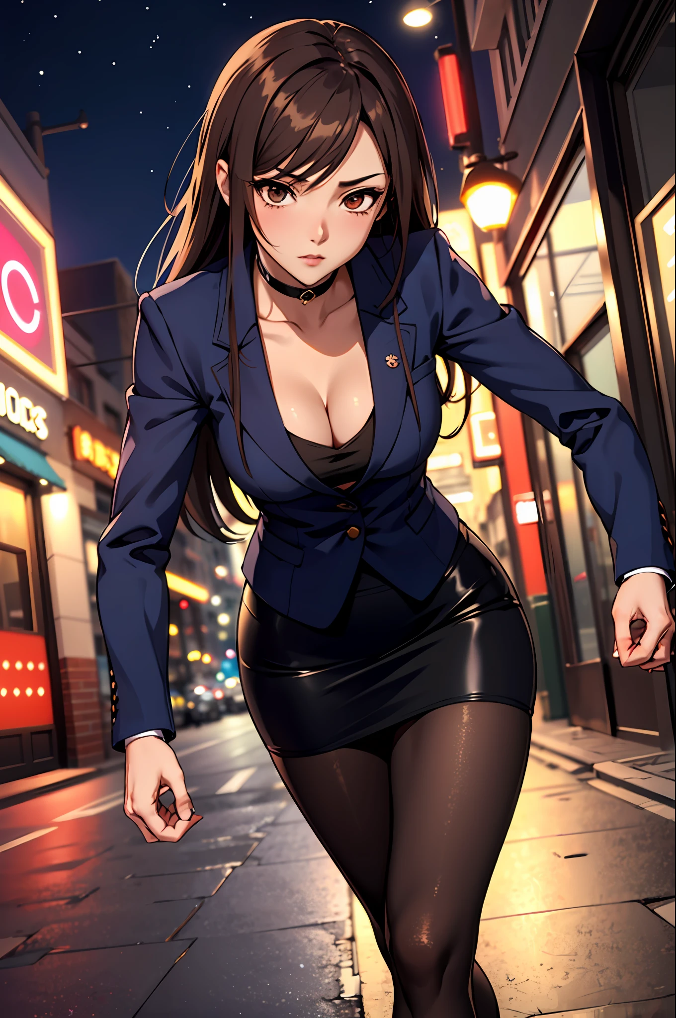 Bewitching anime girl in blue suit and tight skirt、Black tights,Inviting look、black top and brown hair,,,,,,Ecchi anime style,  bending forward,Kamimei,Red Light District at Night,neons