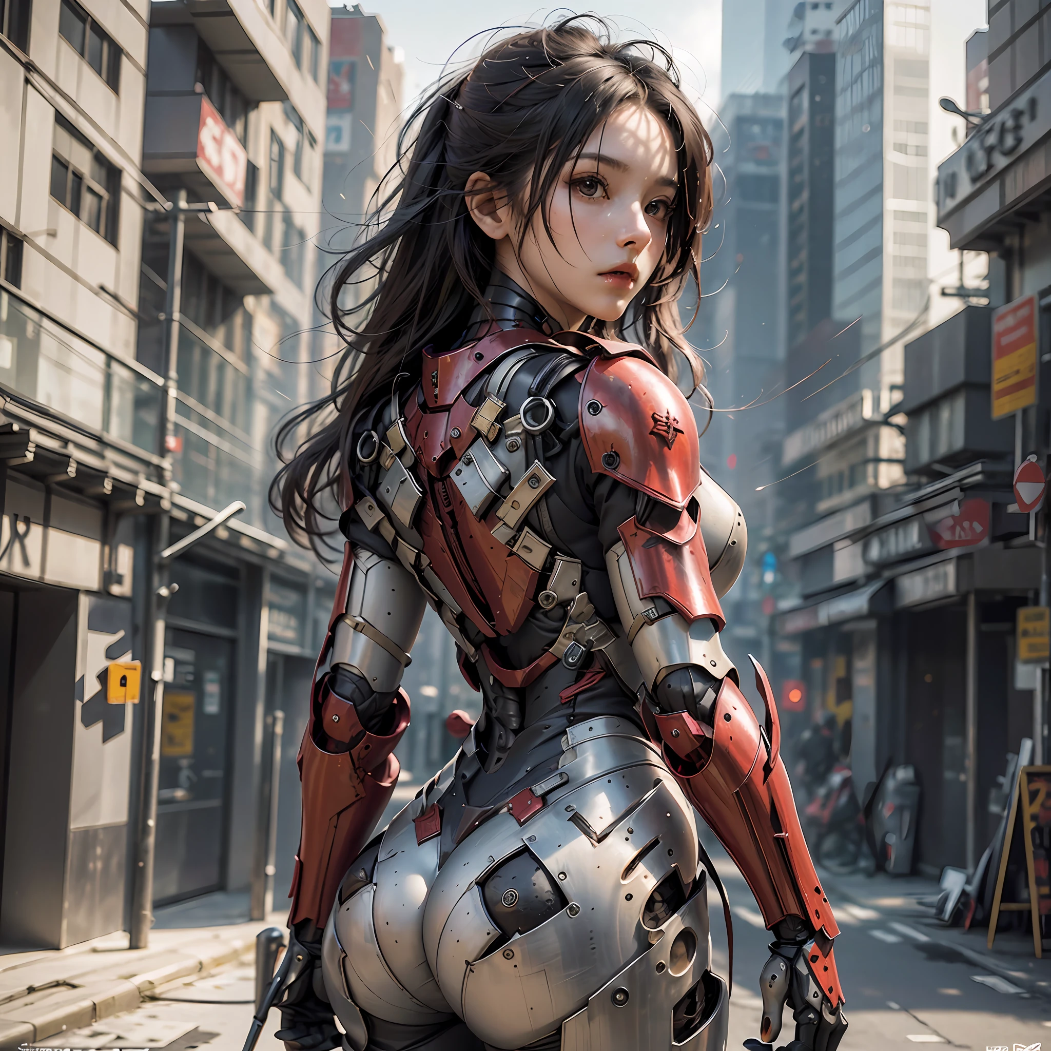 (Masterpiece), (Best quality), Photorealism, Realistic, Ultra detailed, Perfect face, Perfect body, 1girll, Beautiful girl, Girl in red armor, Mechanical armor, exoskeleton, Stand, Cool pose, Sexy, Watching from behind