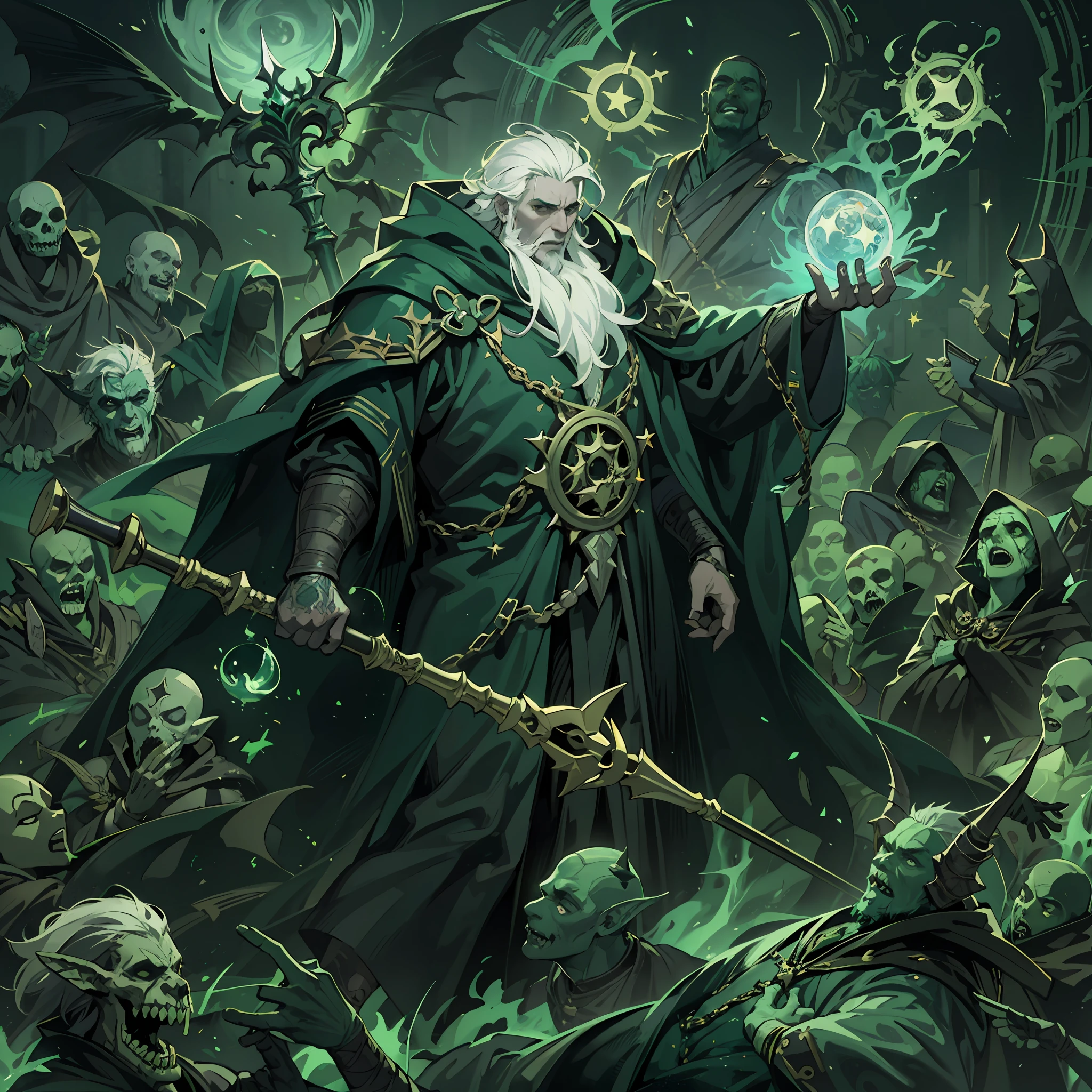 a warlock surrounded by nightmares, cosmic horror, 1 warlock, green skin, fat and hunchbacked, human Gul'dan, witch's staff on the back, white hair, with goatee, warlock cloak, with green magical effects on the body, green and black, magical runes, necromancer