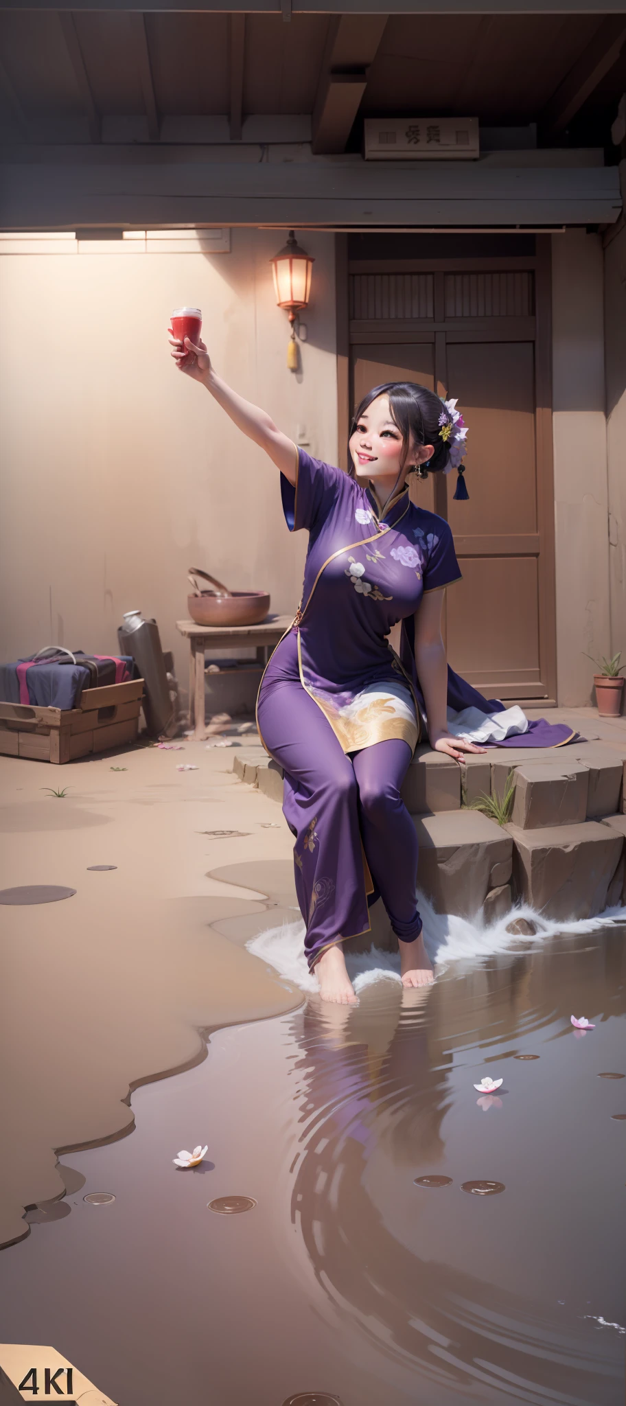 ((4K,tmasterpiece,Best quality,Two-dimensional girl,delicated,the detail)), shuimobysim, Traditional Chinese painting, ink, Hanfu, maxikit, Dress conservatively 1girl, 独奏,Long purple hair, Smiled, Side leaning, A smile, The barefoot,flower sea,starrysky ,Perfect body proportions,Perfect limbs