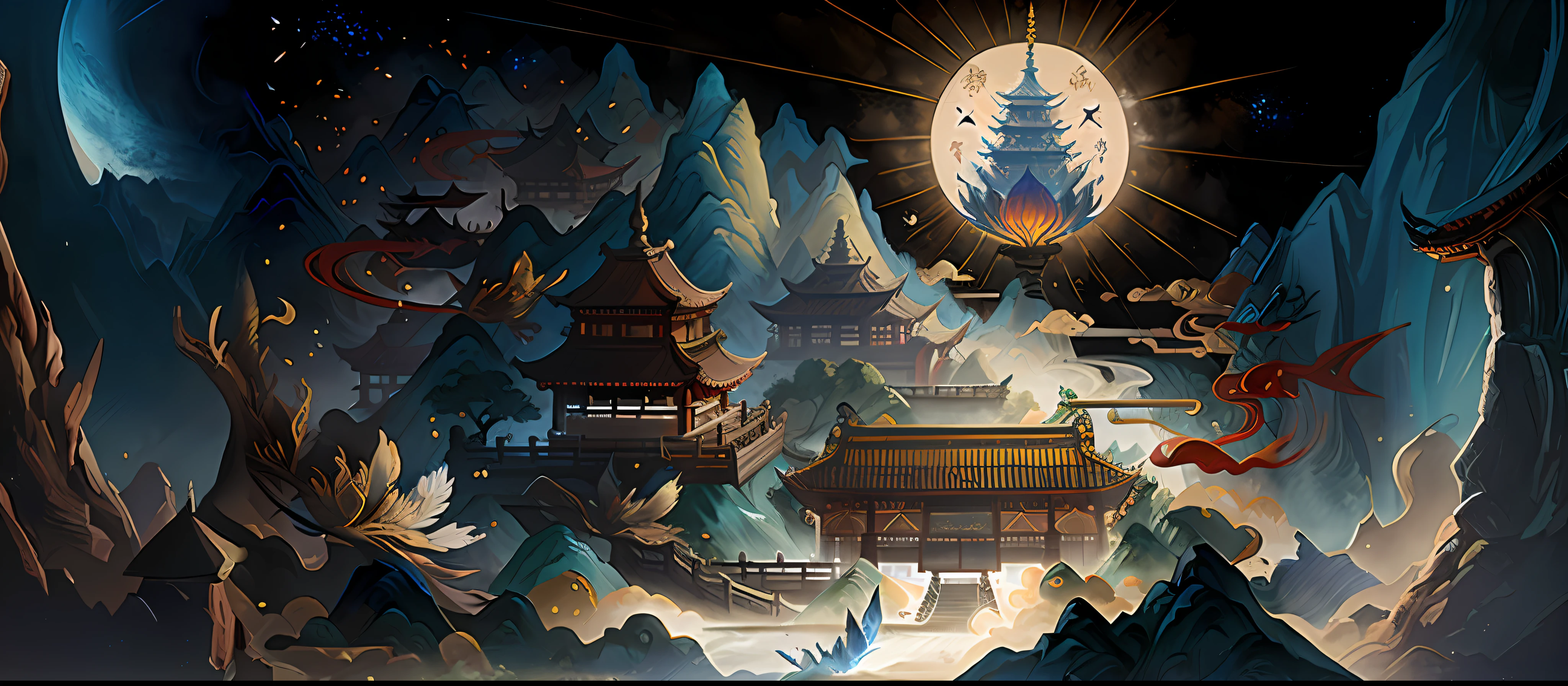 There is a painting，A man and a woman were on board, Detailed digital 2D fantasy art, G Liulian art style, cyberpunk chinese ancient castle, Chinese fantasy, Digital 2D fantasy art, Onmyoji detailed art, Temple background, dojo on a mountain, background artwork, digital fantasy illustration, by Yang J, Anime fantasy illustration