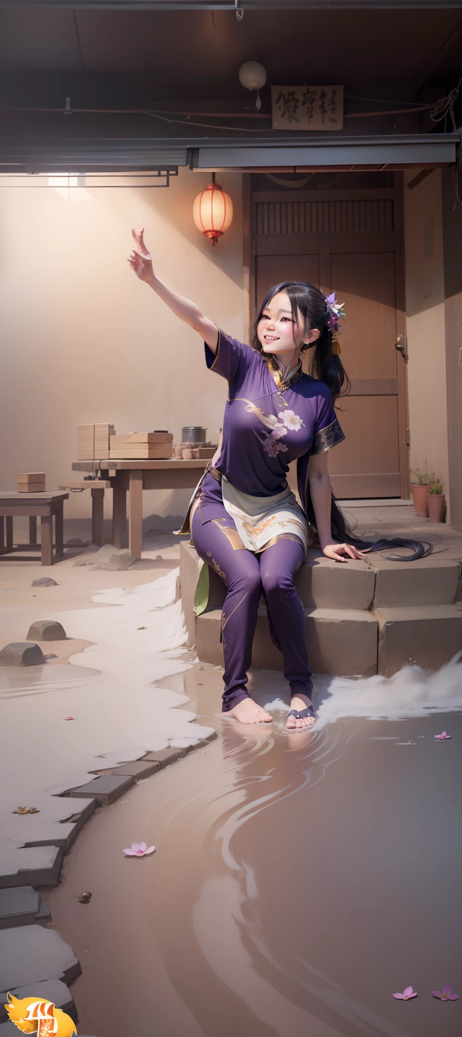 ((4K,tmasterpiece,Best quality，Two-dimensional girl，delicated，the detail)), shuimobysim, Traditional Chinese painting, ink, Hanfu, maxikit, Dress conservatively 1girl, 独奏,Long purple hair, Smiled, Side leaning, A smile, The barefoot，flower  sea，starrysky ，Perfect body proportions，Perfect limbs