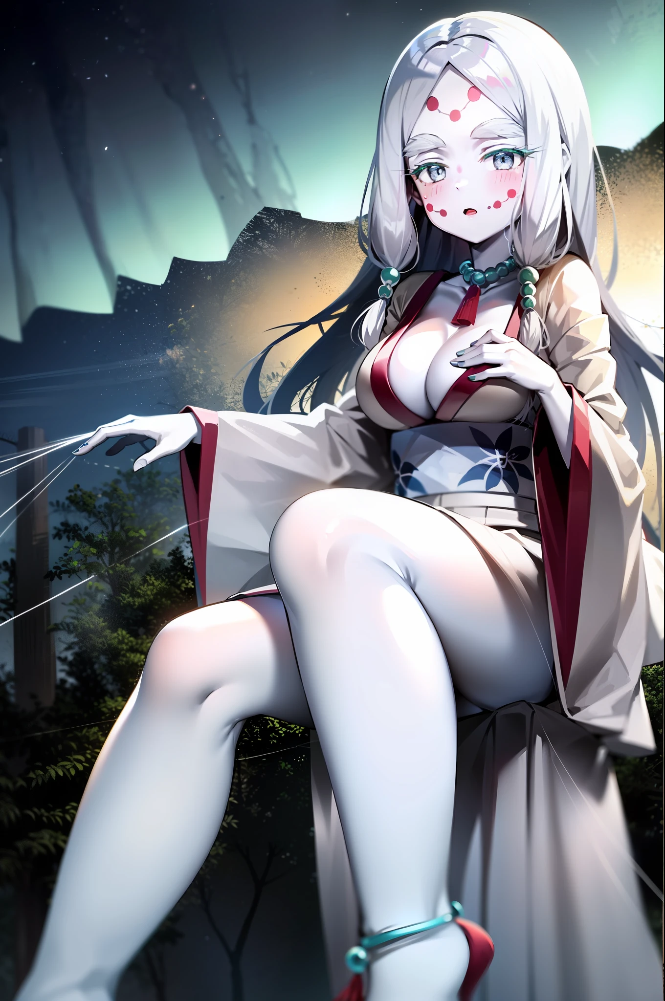 masterpiece, best quality, MTSpiderV4, 1girl, solo, white skin, long hair, breasts, beads, japanese clothes, ((white kimono)), silk, stone, forest, aurora borealis, spider web,