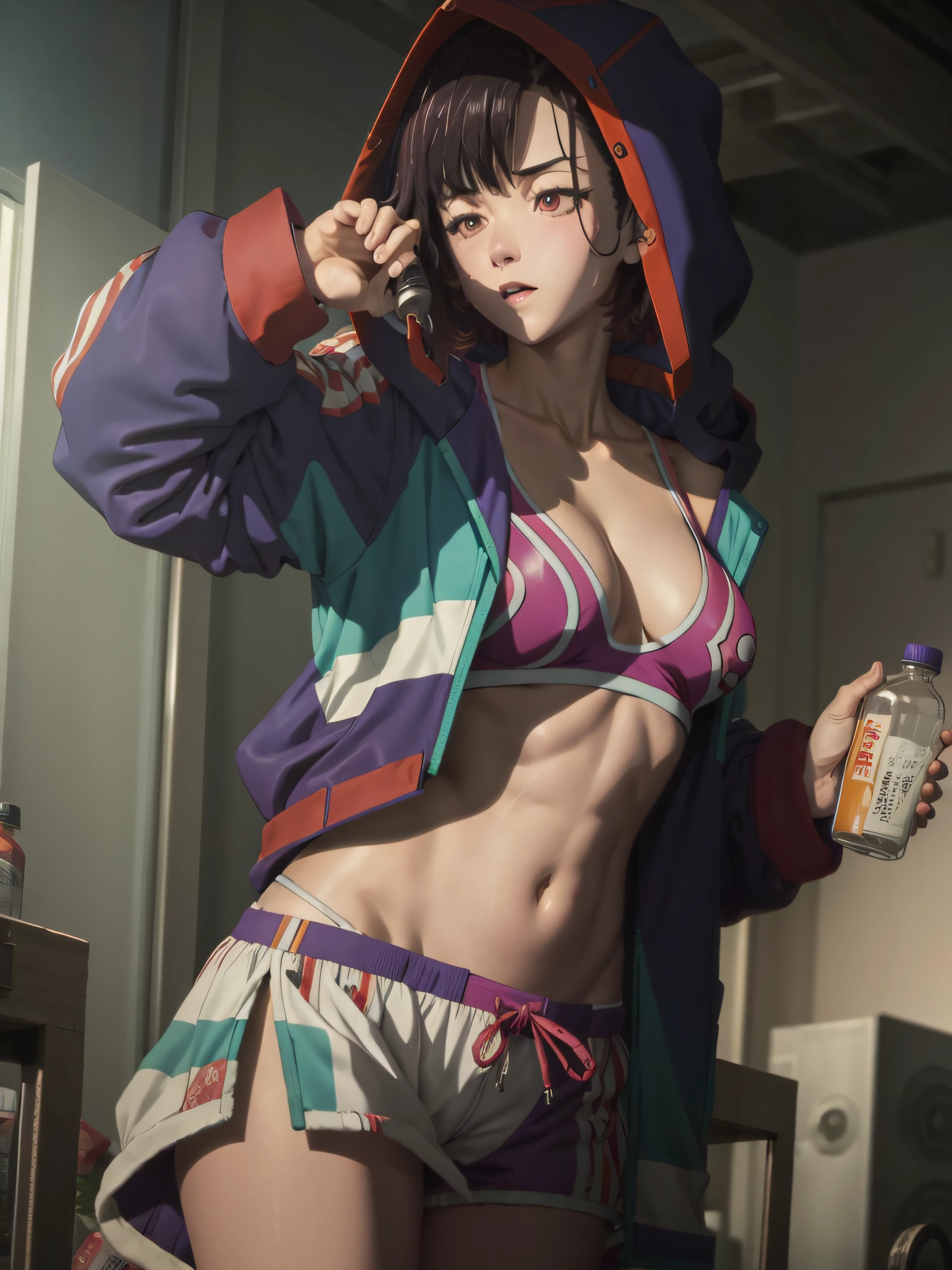 (((masterpiece))), ShizukaMikazuki, 1girl, solo, looking at viewer, short hair, black hair, navel, holding, cleavage, medium breasts, purple eyes, jacket, open clothes, midriff, hood, open jacket, hoodie, bottle, blue jacket, hooded jacket, hood up, sports bra, drinking, water bottle, multicolored jacket,