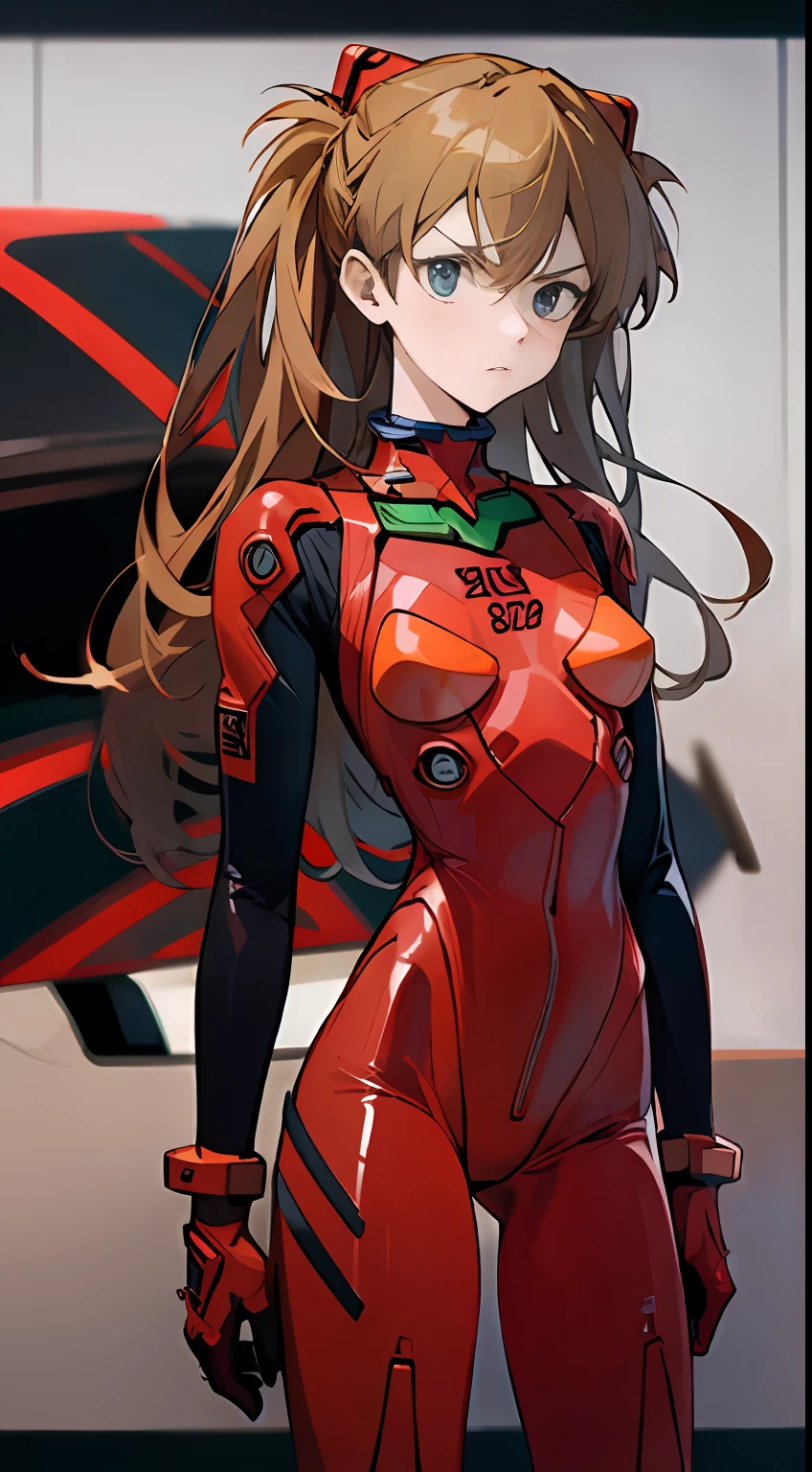 Asuka, 1 girl, driving suit, blank background, 8k, best quality, proud expression, serious expression