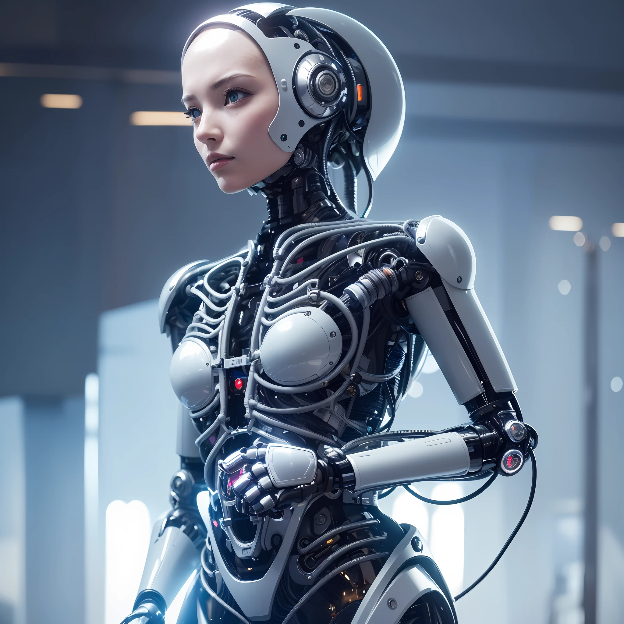 (official art, ridiculous but unbelievable, beautiful 3D rendered female robot face, robot components, cyberpunk studio soft light, rim light, vibrant details, luxurious cyberpunk style, lace, surreal ism, anatomy, facial muscles, cables wires, microchips, musculature, elegant and beautiful backgrounds, octane rendering effects, HR Giger style, 8K resolution, best quality, high detail, CG uniform wallpapers, spectacular The tiny details of the robot in the silver helmet are very delicate and of the best quality.): 0.8