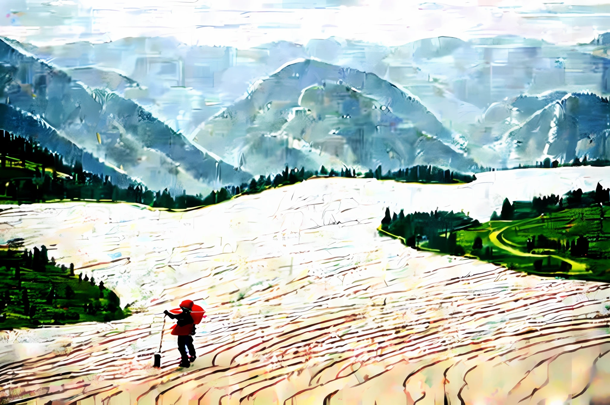 Loess slopes，ancient buildings of China，There is a person in the picture who has a large proportion of the picture，Playing the guzheng，Gansu people
