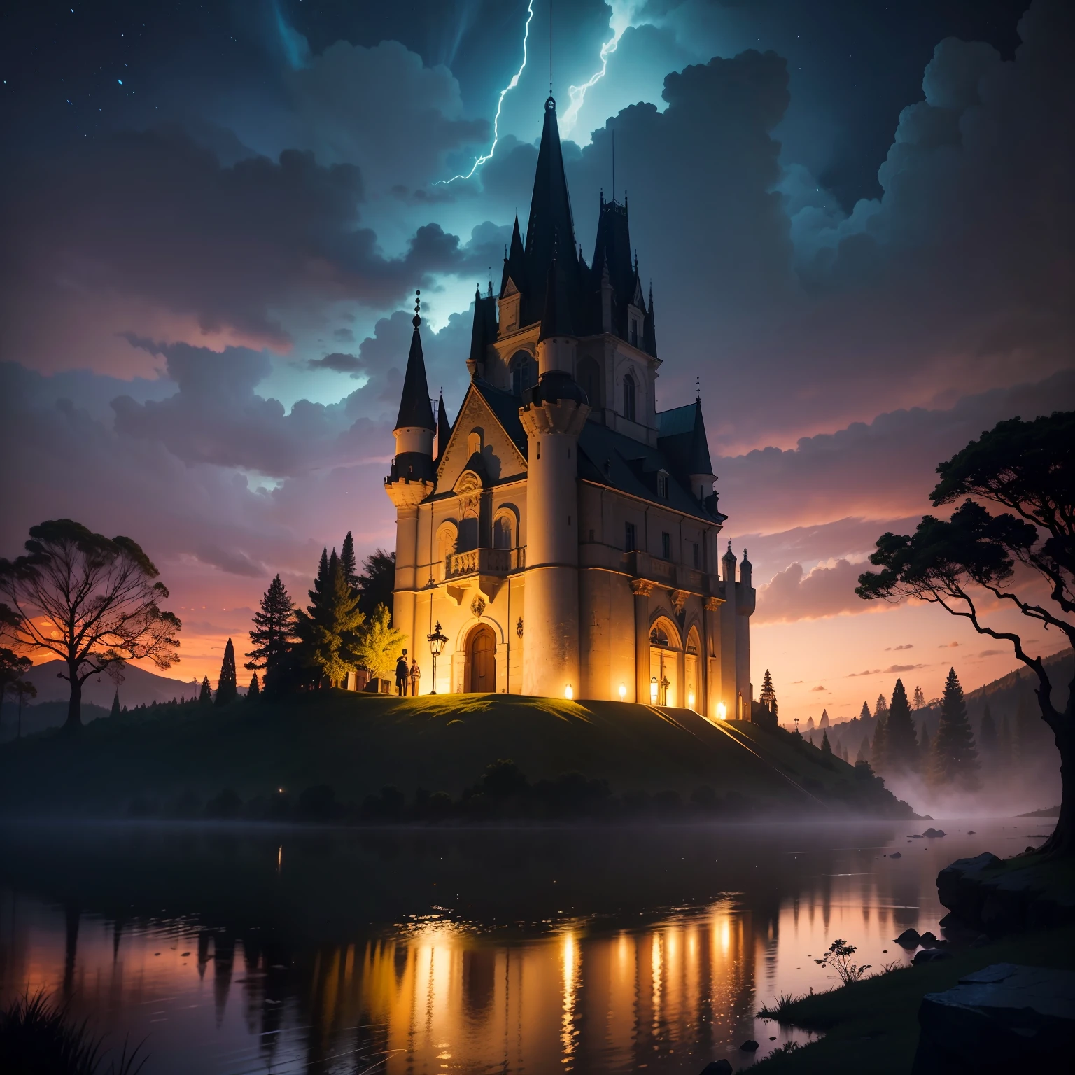 alta qualidade, qualidade mestre, 4k, castelo em meio as montanhas, chuva meia-noite, altamente detalhado, tempestade, nuvens tempestuosas escuras, Vento impetuoso, paisagem de grama plana, Wetlands, few giant trees, uniform lighting, lighting dramatic, Estilo anime, homem com uma lanterna iluminando o local. --auto