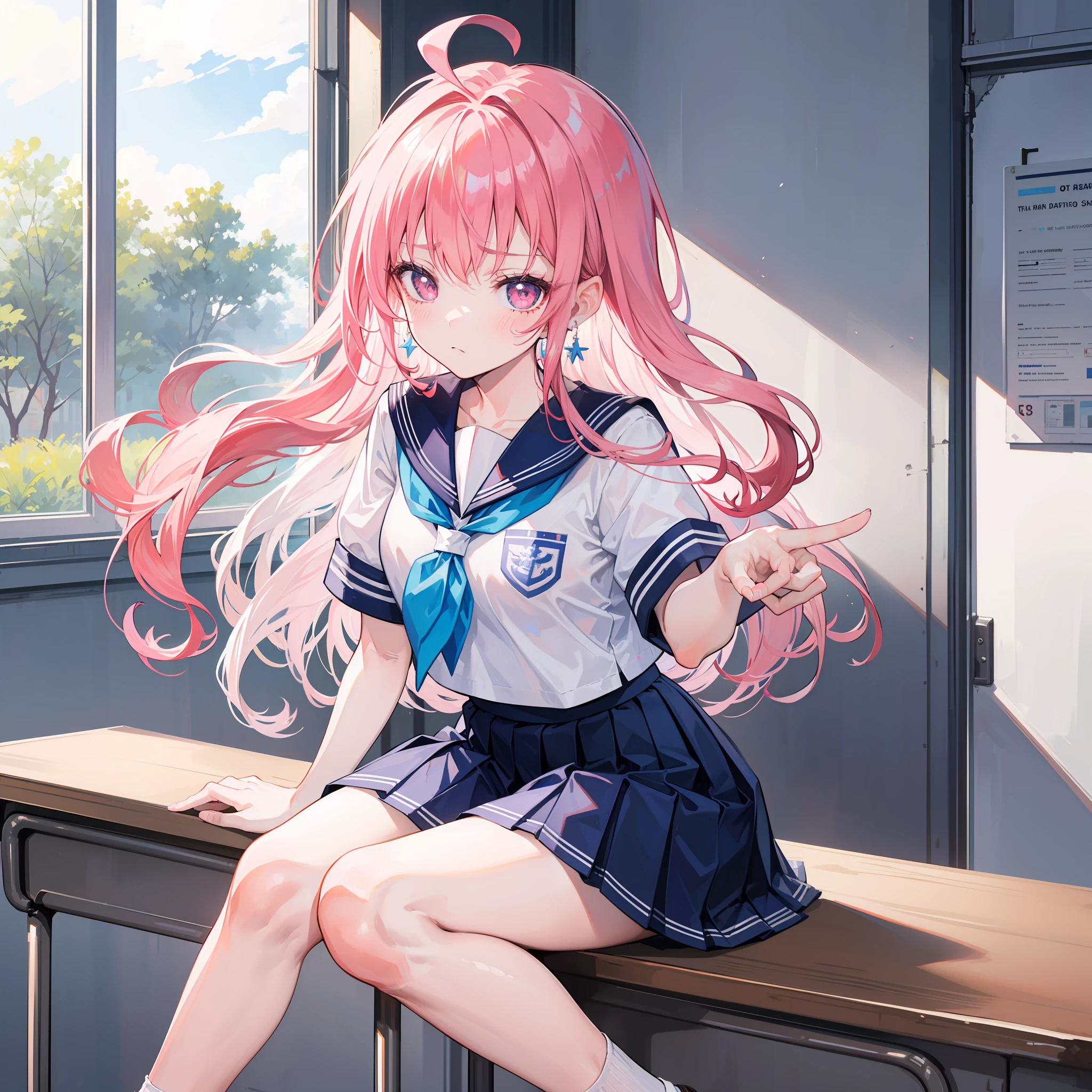 (Masterpiece), ((Best Quality)), (Super Detail), 1 Girl, Pink Hair, Small, Short Sture, Medium Long Hair, Ahoge, School, Classroom, , School Uniform, Skirt, Socks, Serafuk, Neckerchief, Sailor Color, Pleated Skirt, White Socks, Blue Skirt, Short Sleeve, Shirt, White Shirt, Blue Sailor Color, Blue Neckerchief ,, Blush, Bangs, Frown, Pink Eyes, perfect hand, hand detail, modified fingers. earrings, looking_at_viewer, top quality, rich details, perfect image quality,