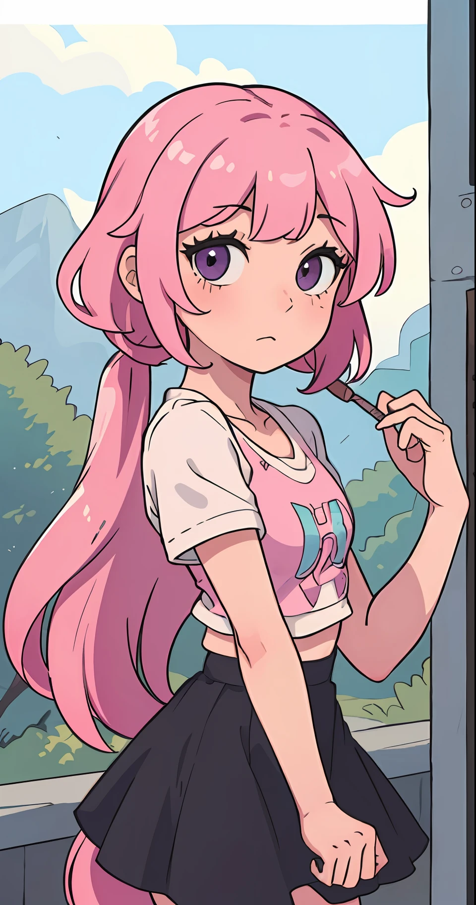 (best qualityer:0.8), (best qualityer:0.8),k hd,high qulity,1girll,Pink hair,pony tails,adolable,skinny and thin